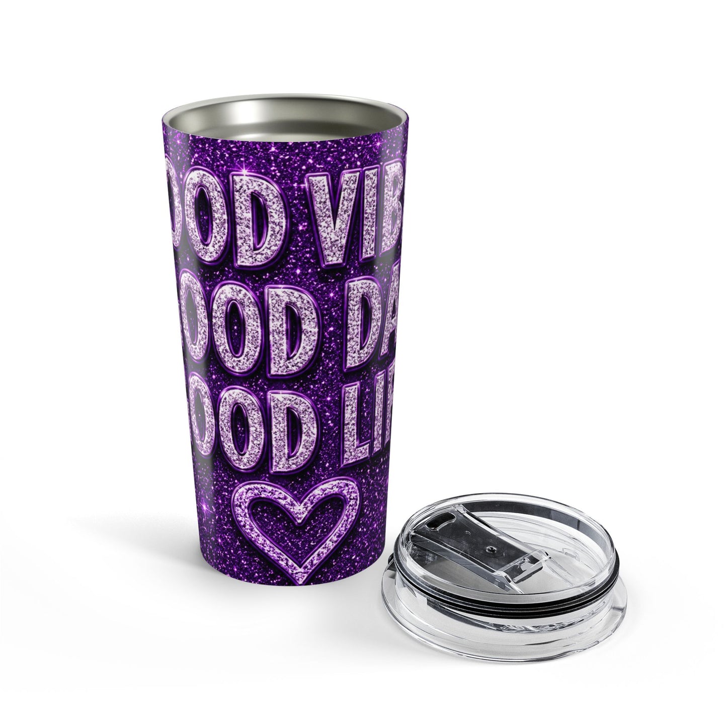 20oz Tumbler – 'Good Vibes, Good Day, Good Life' Purple Glitter Travel Cup