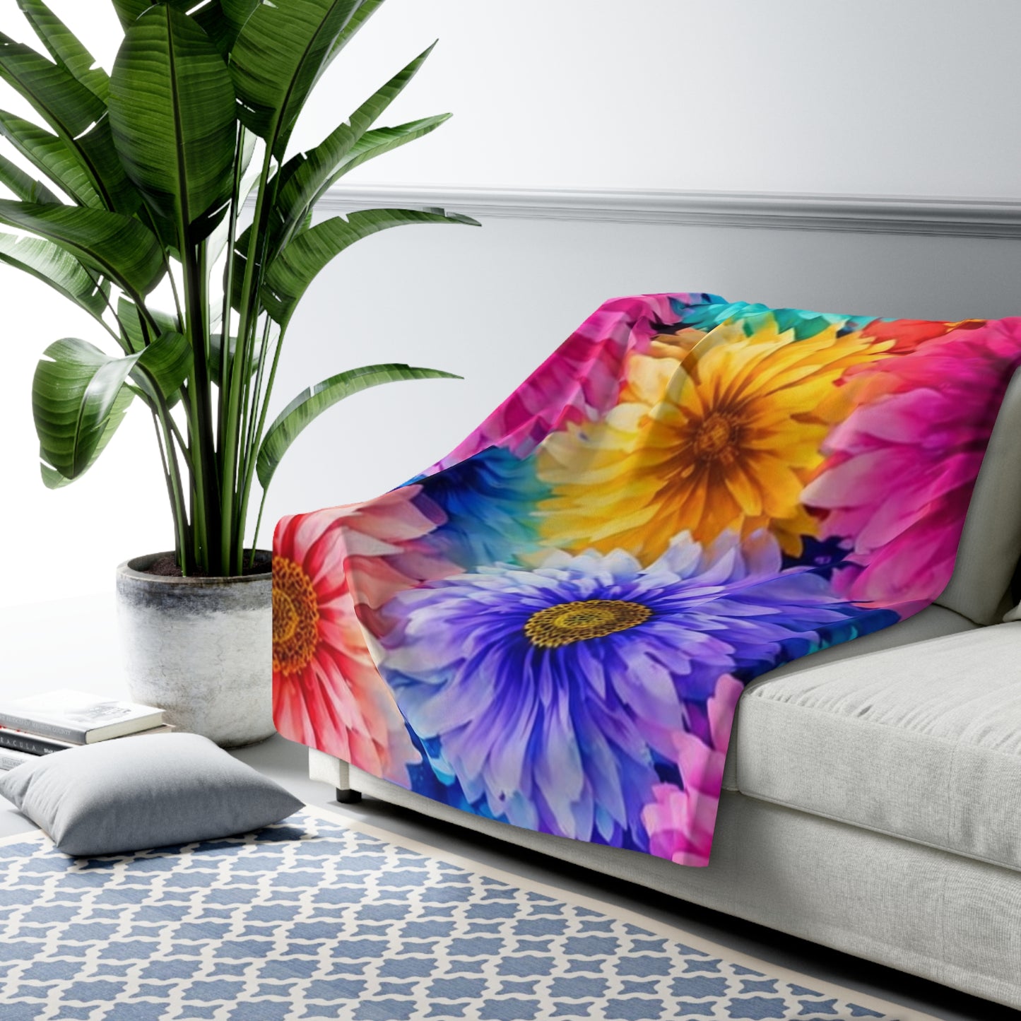 Floral Sherpa Blanket – Vibrant Rainbow Daisy Cozy Throw