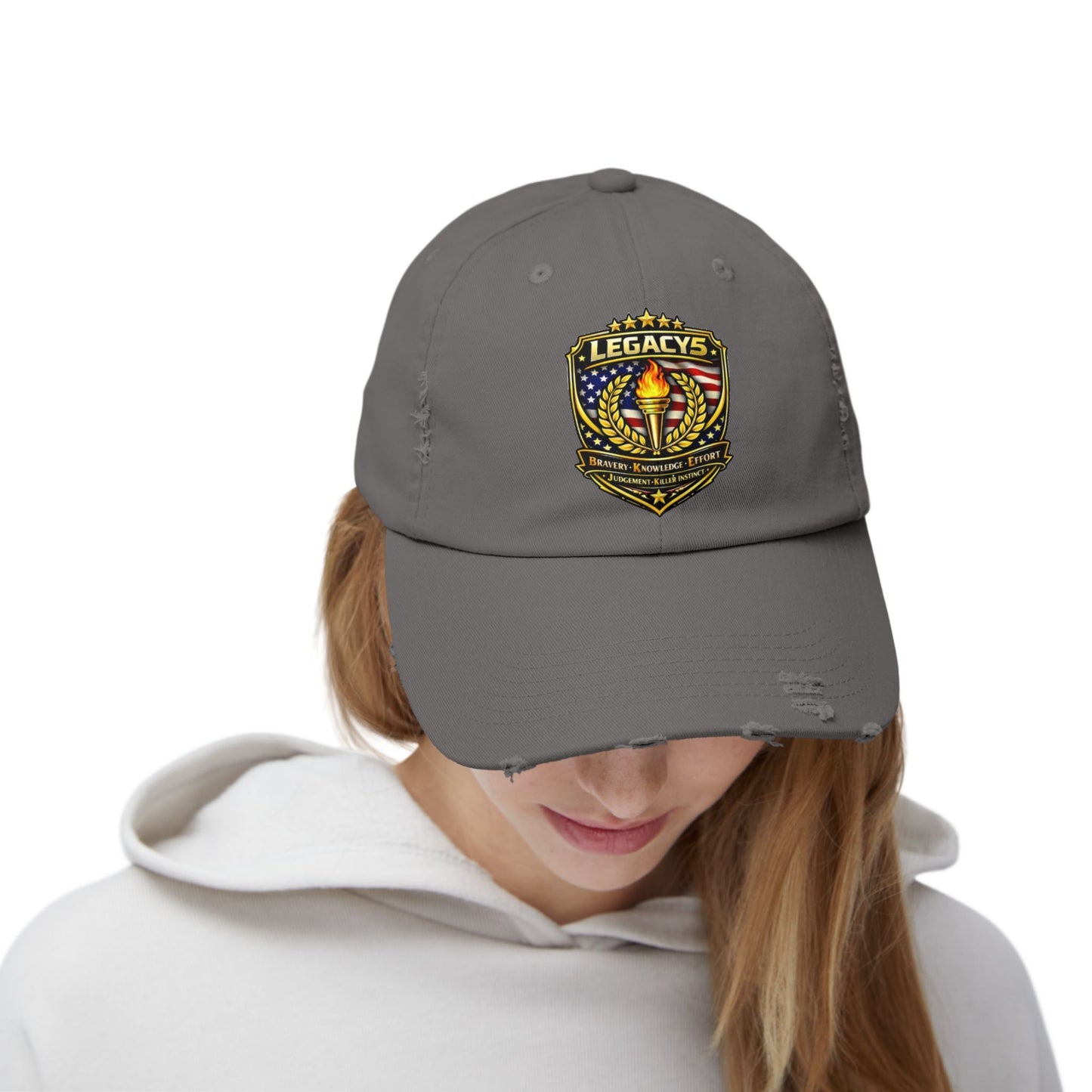 Legacy Shield Distressed Cap — Patriotic Torch Embroidered Hat