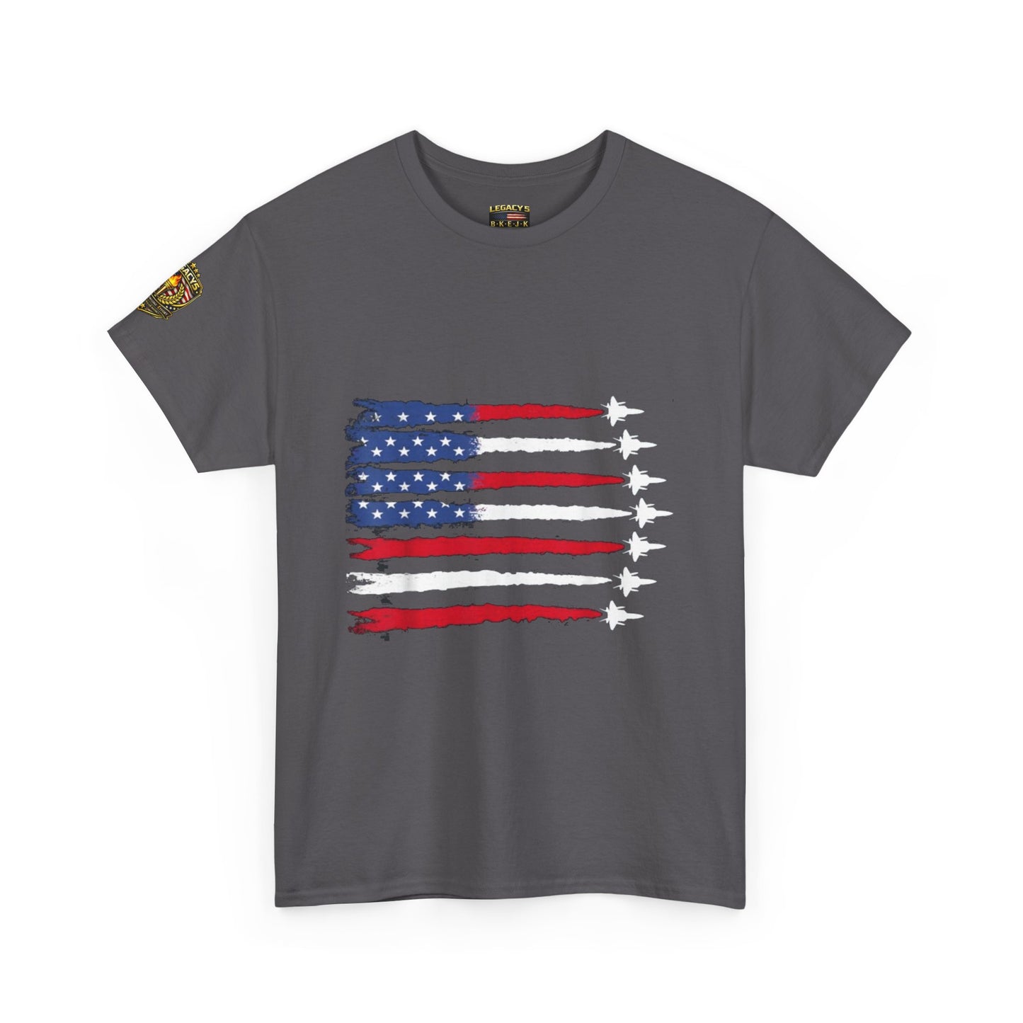 Patriotic Fighter Jet Flag Tee â€” American Flag with Jet Silhouettes w/Legacy 5 Brand Crest
