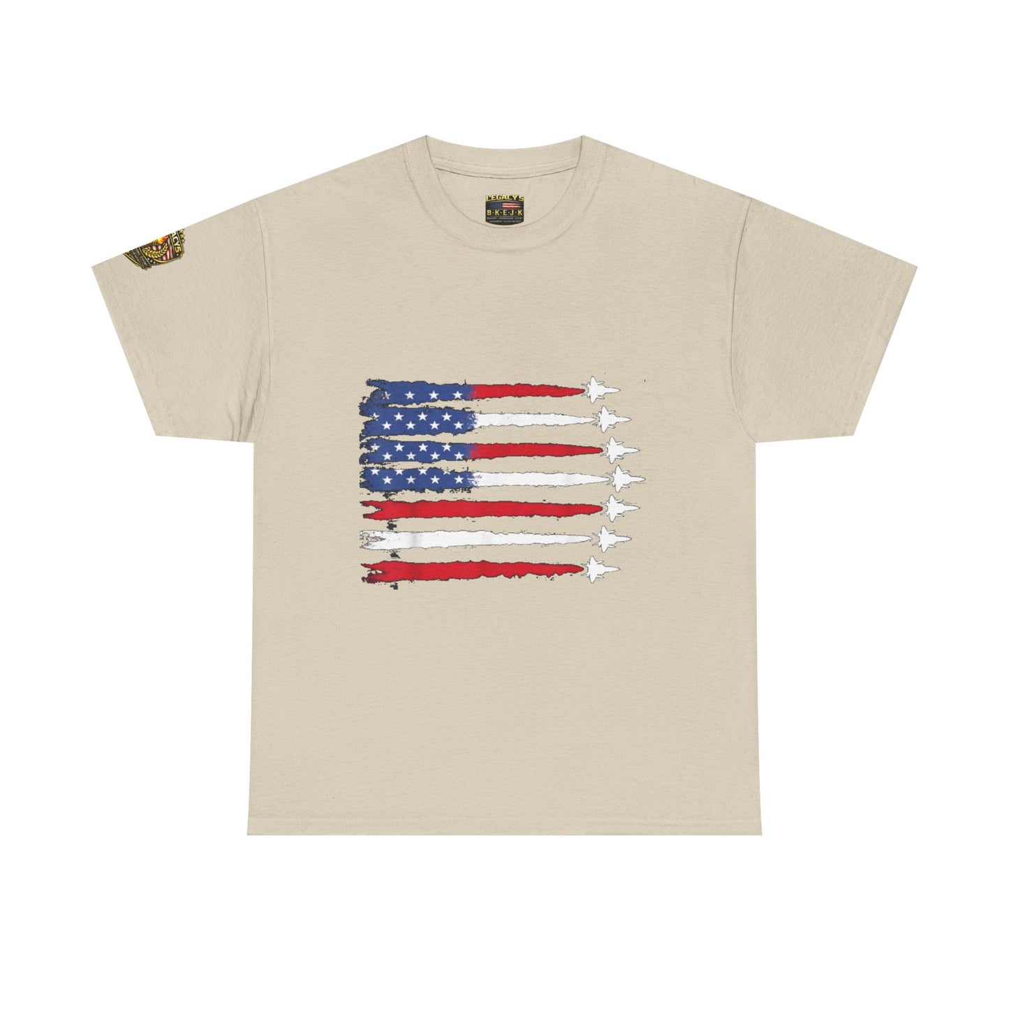 Patriotic Fighter Jet Flag Tee â€” American Flag with Jet Silhouettes w/Legacy 5 Brand Crest