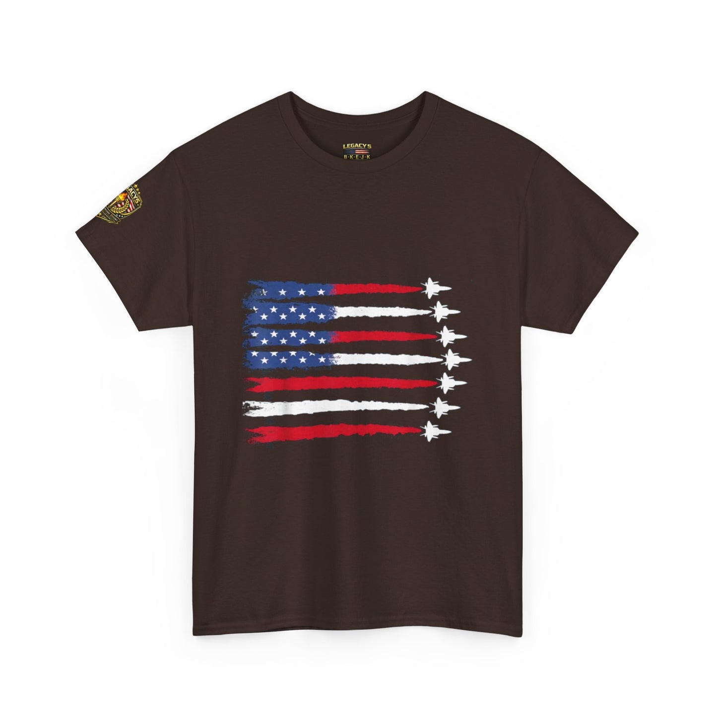 Patriotic Fighter Jet Flag Tee â€” American Flag with Jet Silhouettes w/Legacy 5 Brand Crest
