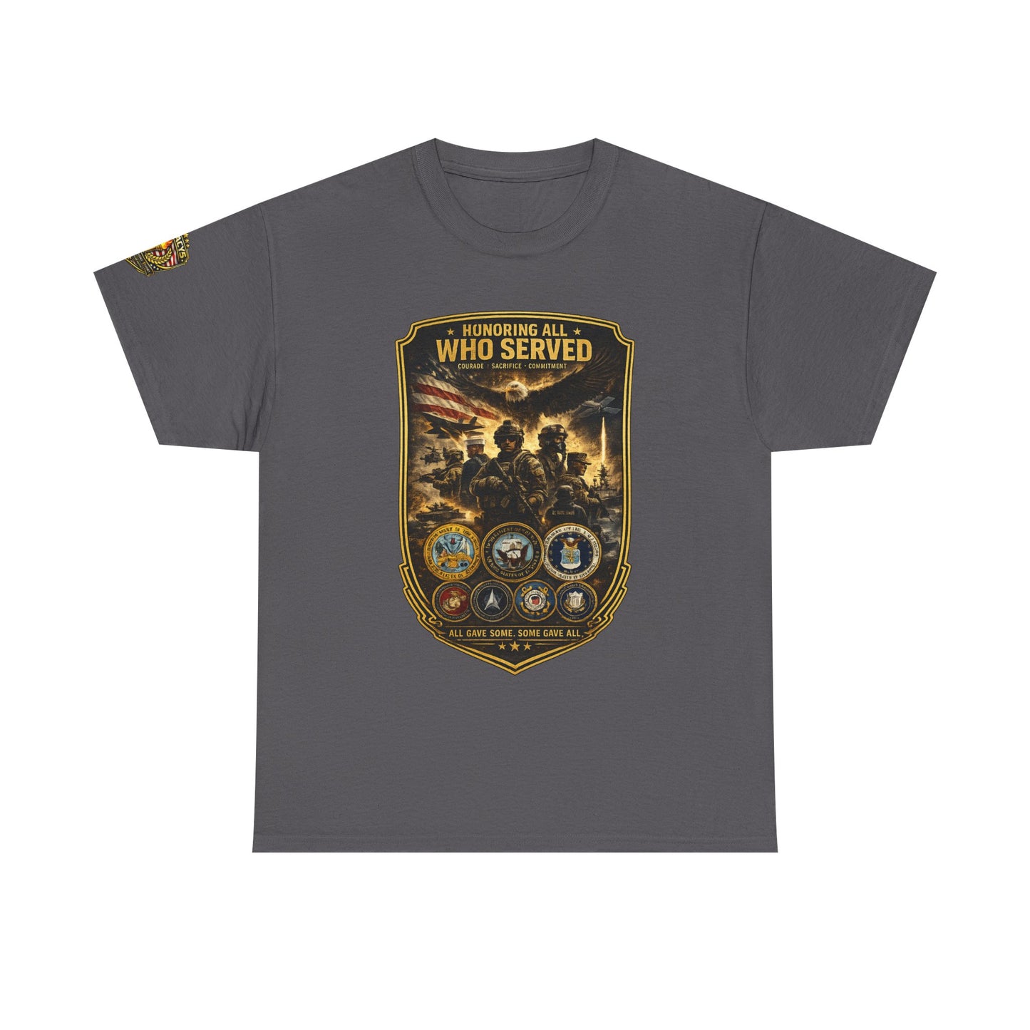 Veteran Tribute â€” "Honoring All Who Served" Military Emblem Tee w/ Legacy 5 Brand Crest