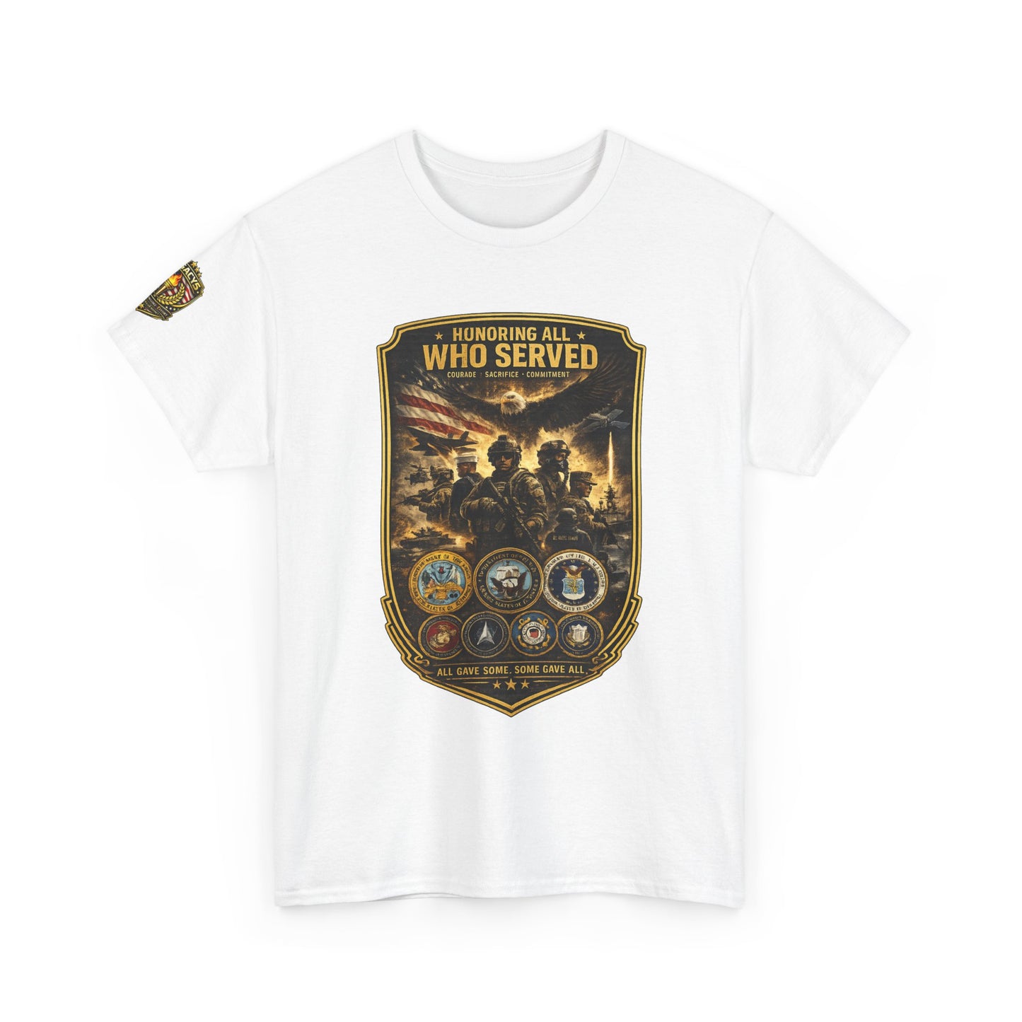 Veteran Tribute â€” "Honoring All Who Served" Military Emblem Tee w/ Legacy 5 Brand Crest