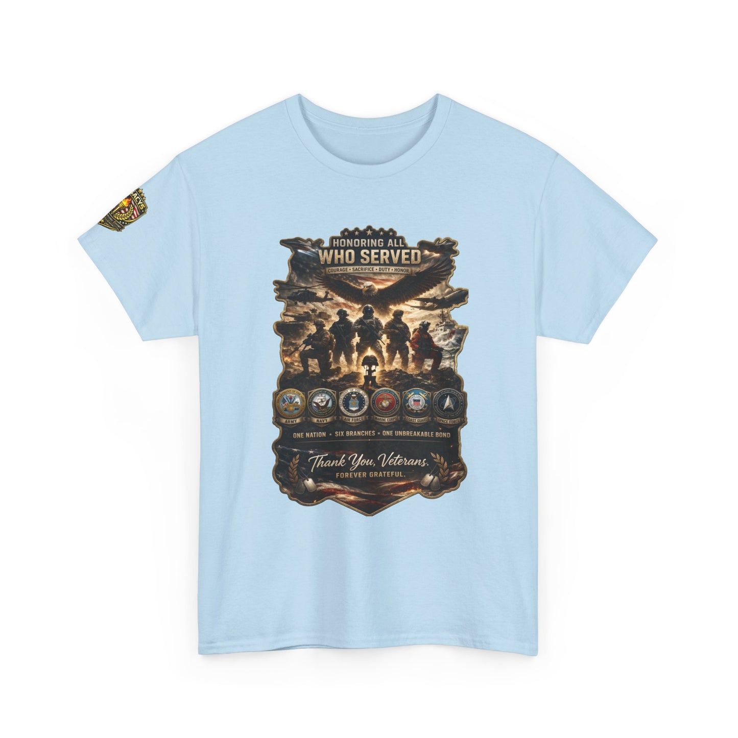 Thank You Veterans Tribute T-Shirt â€” "Who Served" Military Appreciation w/ Legacy 5 Brand Crest