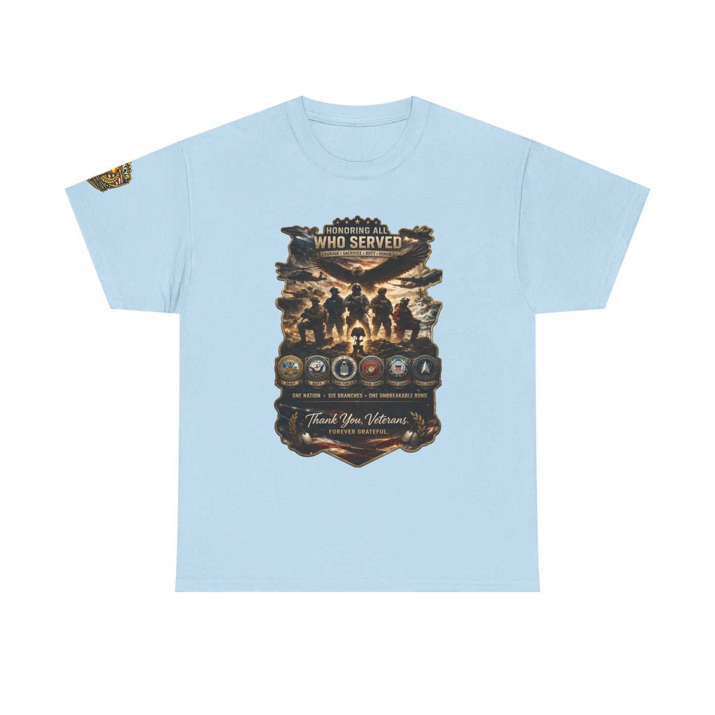 Thank You Veterans Tribute T-Shirt â€” "Who Served" Military Appreciation w/ Legacy 5 Brand Crest