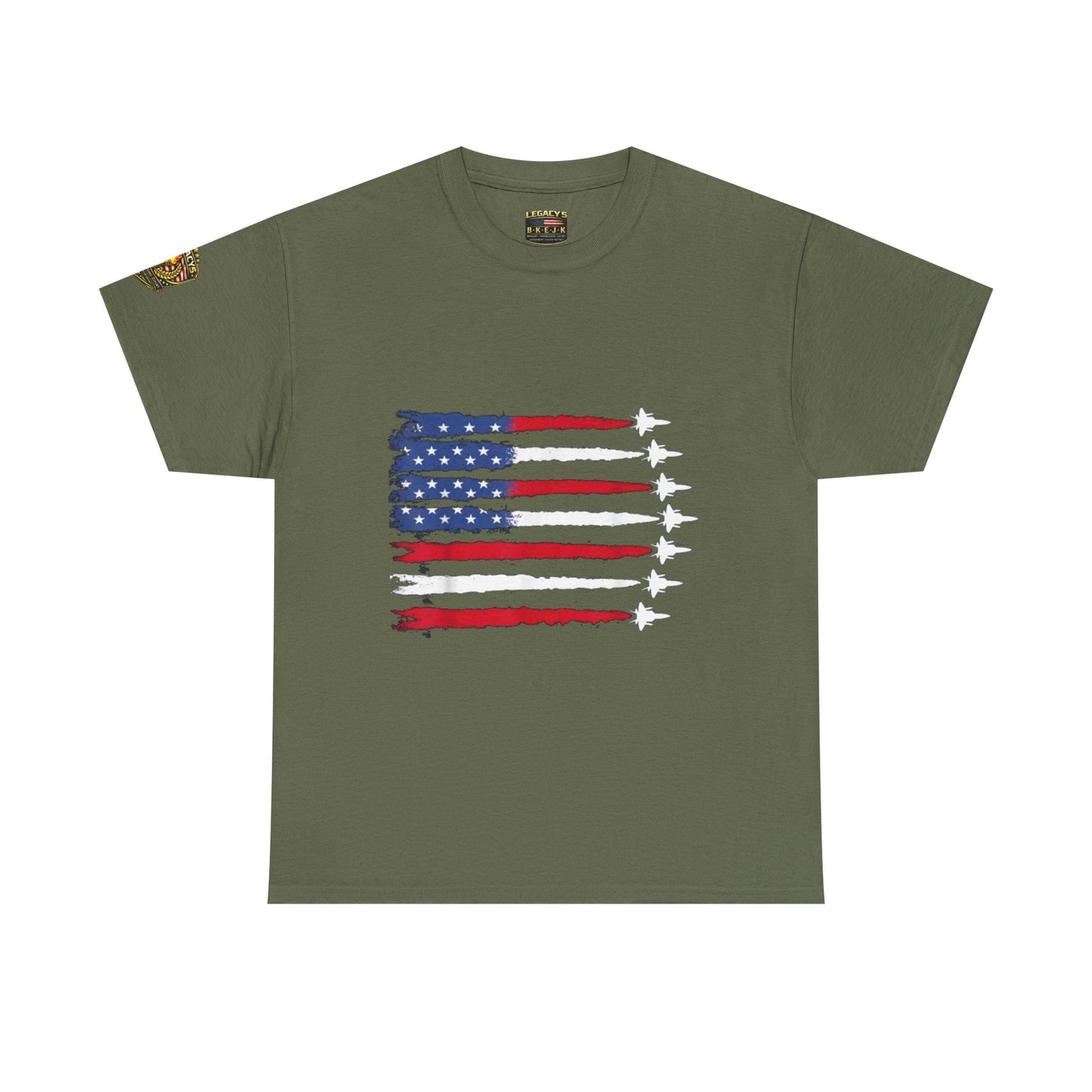 Patriotic Fighter Jet Flag Tee â€” American Flag with Jet Silhouettes w/Legacy 5 Brand Crest