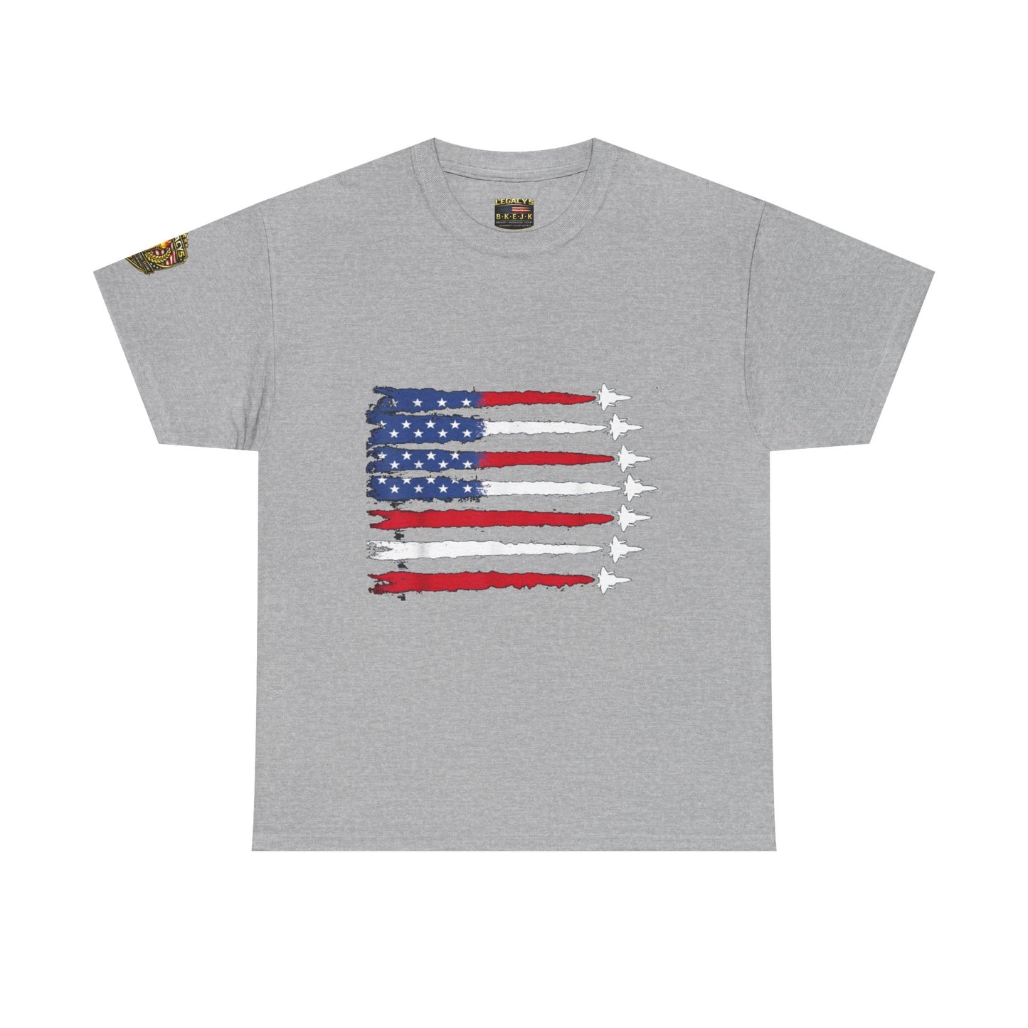 Patriotic Fighter Jet Flag Tee â€” American Flag with Jet Silhouettes w/Legacy 5 Brand Crest