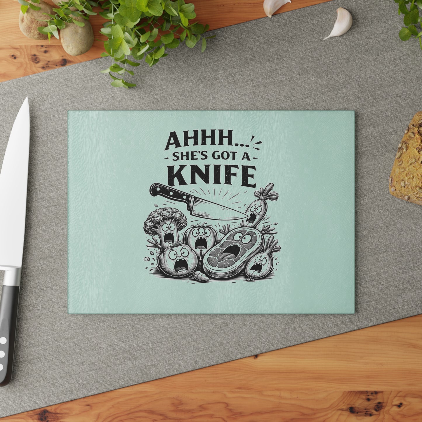 "Ahhh... She's Got a Knife" Funny Kitchen Glass Cutting Board —