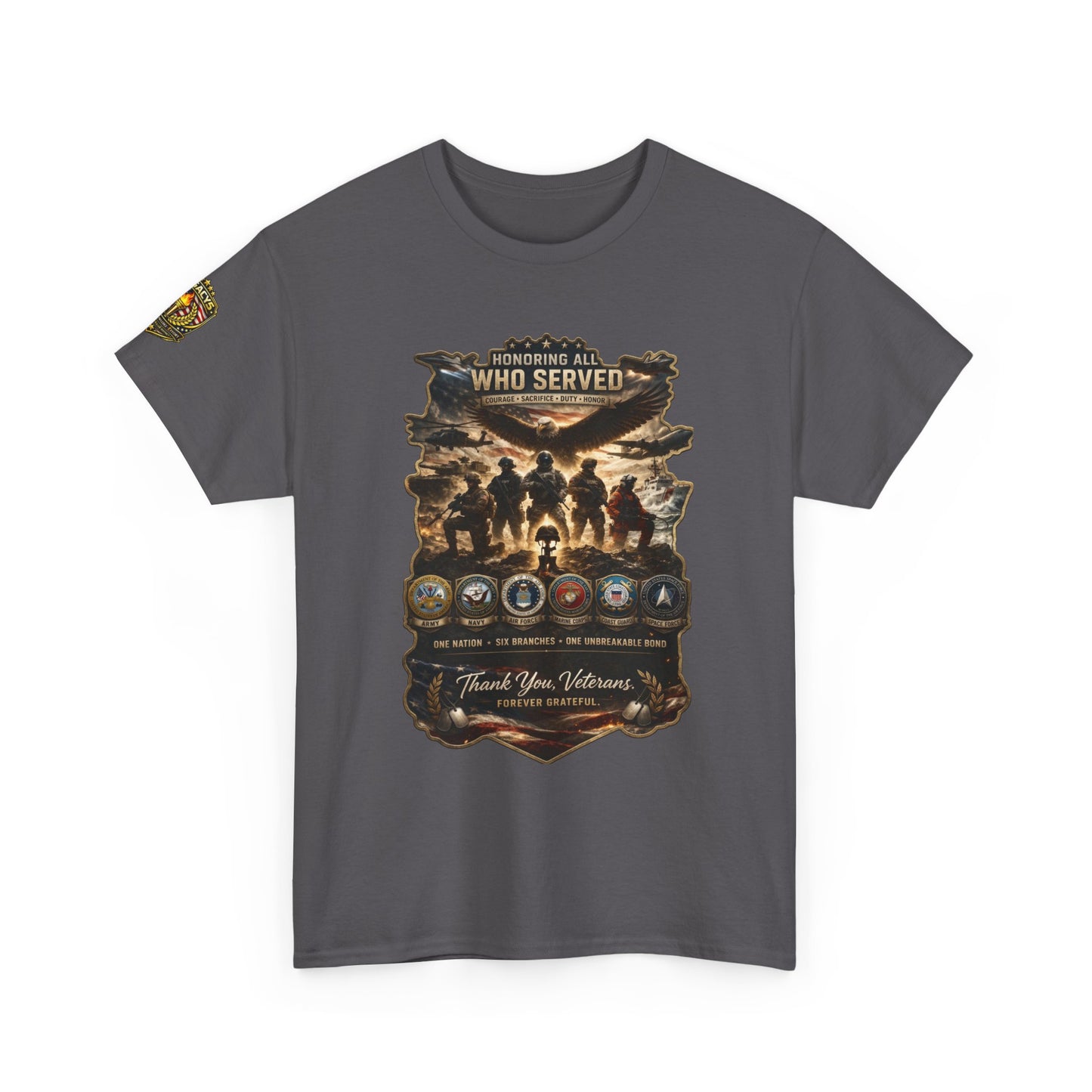 Thank You Veterans Tribute T-Shirt â€” "Who Served" Military Appreciation w/ Legacy 5 Brand Crest