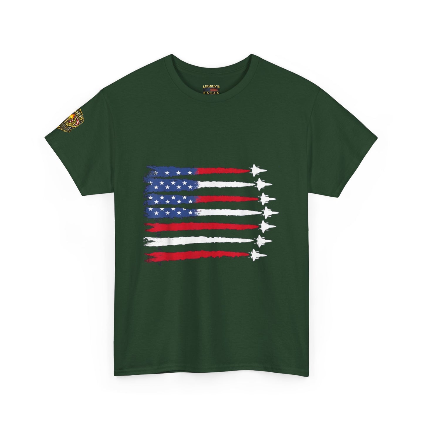 Patriotic Fighter Jet Flag Tee â€” American Flag with Jet Silhouettes w/Legacy 5 Brand Crest