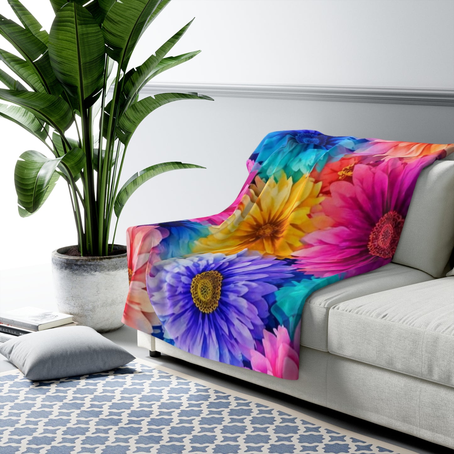 Floral Sherpa Blanket – Vibrant Rainbow Daisy Cozy Throw