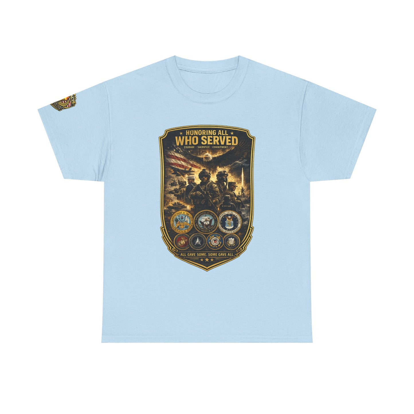 Veteran Tribute â€” "Honoring All Who Served" Military Emblem Tee w/ Legacy 5 Brand Crest