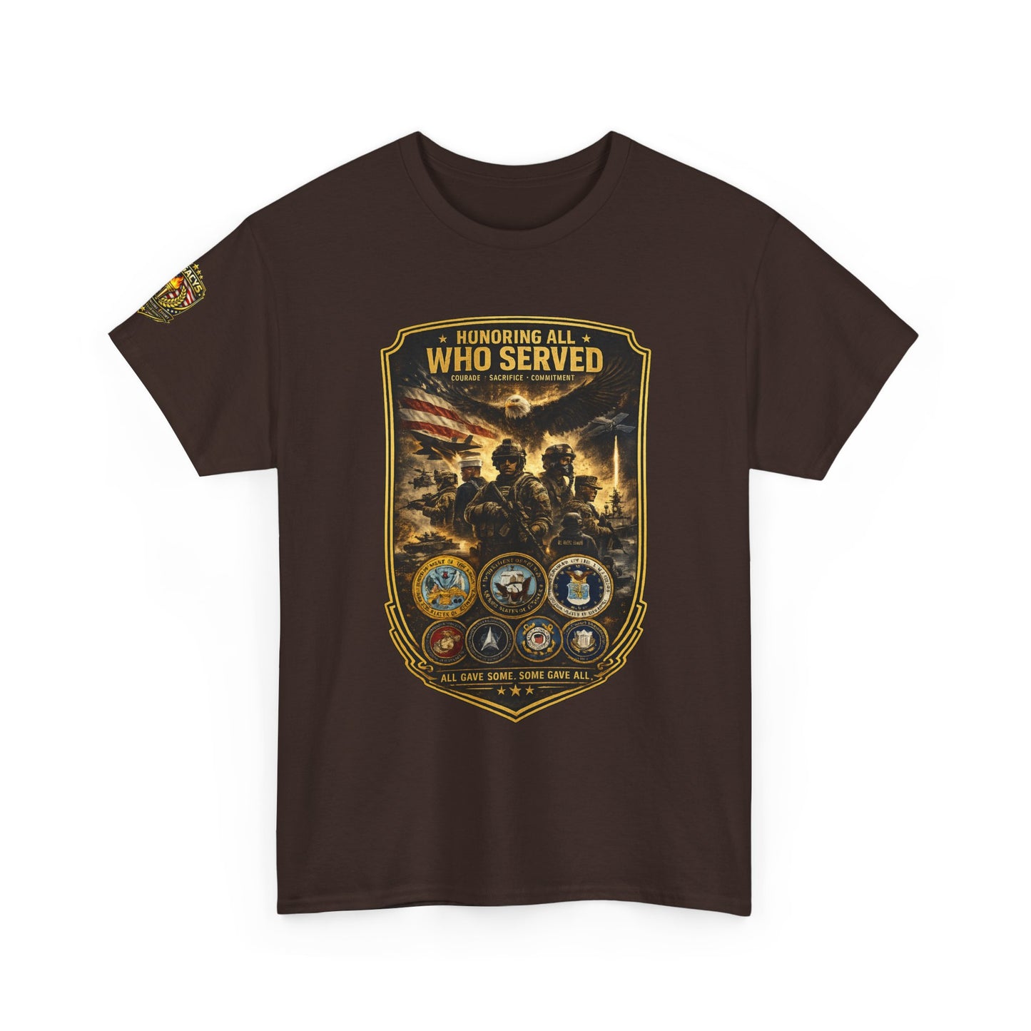 Veteran Tribute â€” "Honoring All Who Served" Military Emblem Tee w/ Legacy 5 Brand Crest