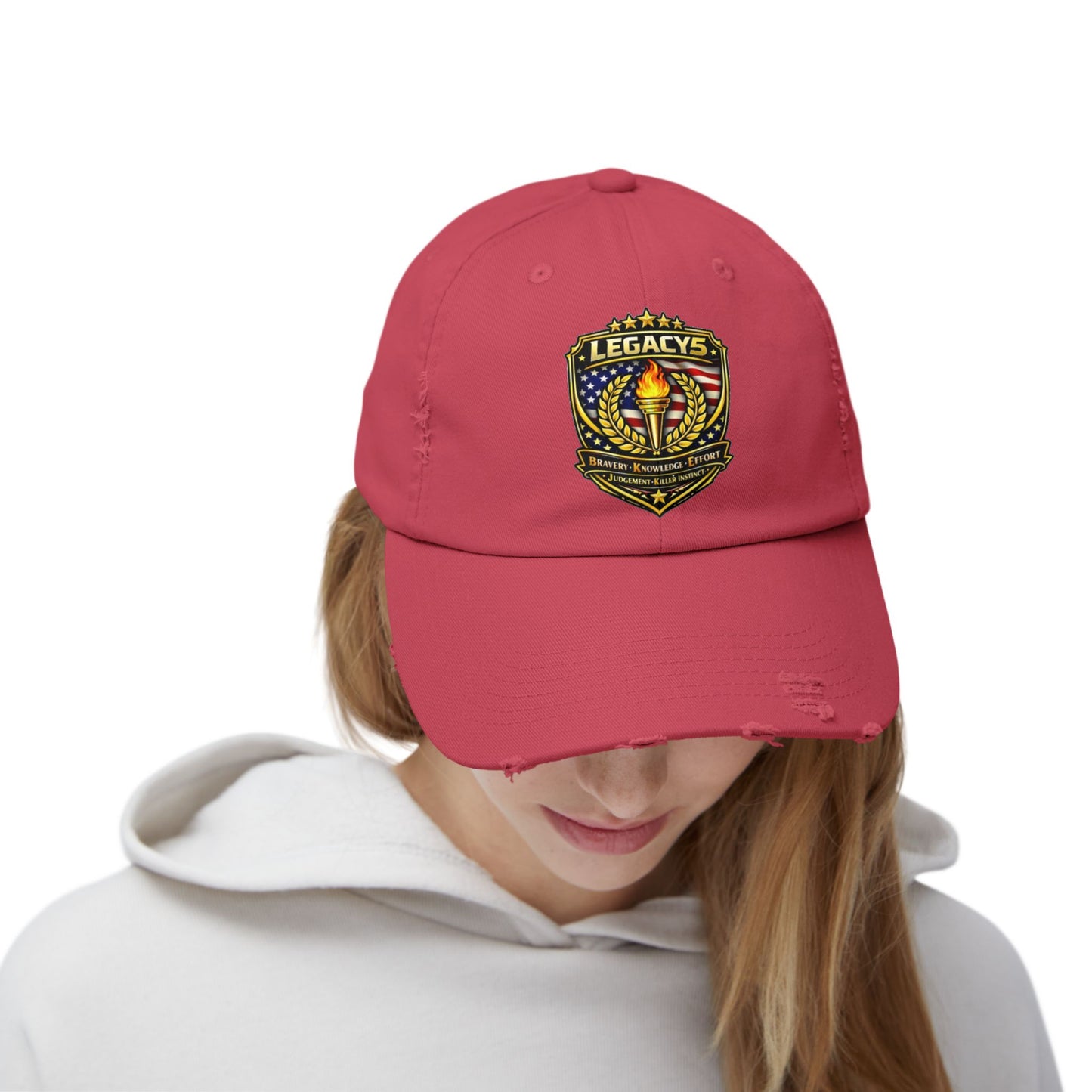 Legacy Shield Distressed Cap — Patriotic Torch Embroidered Hat