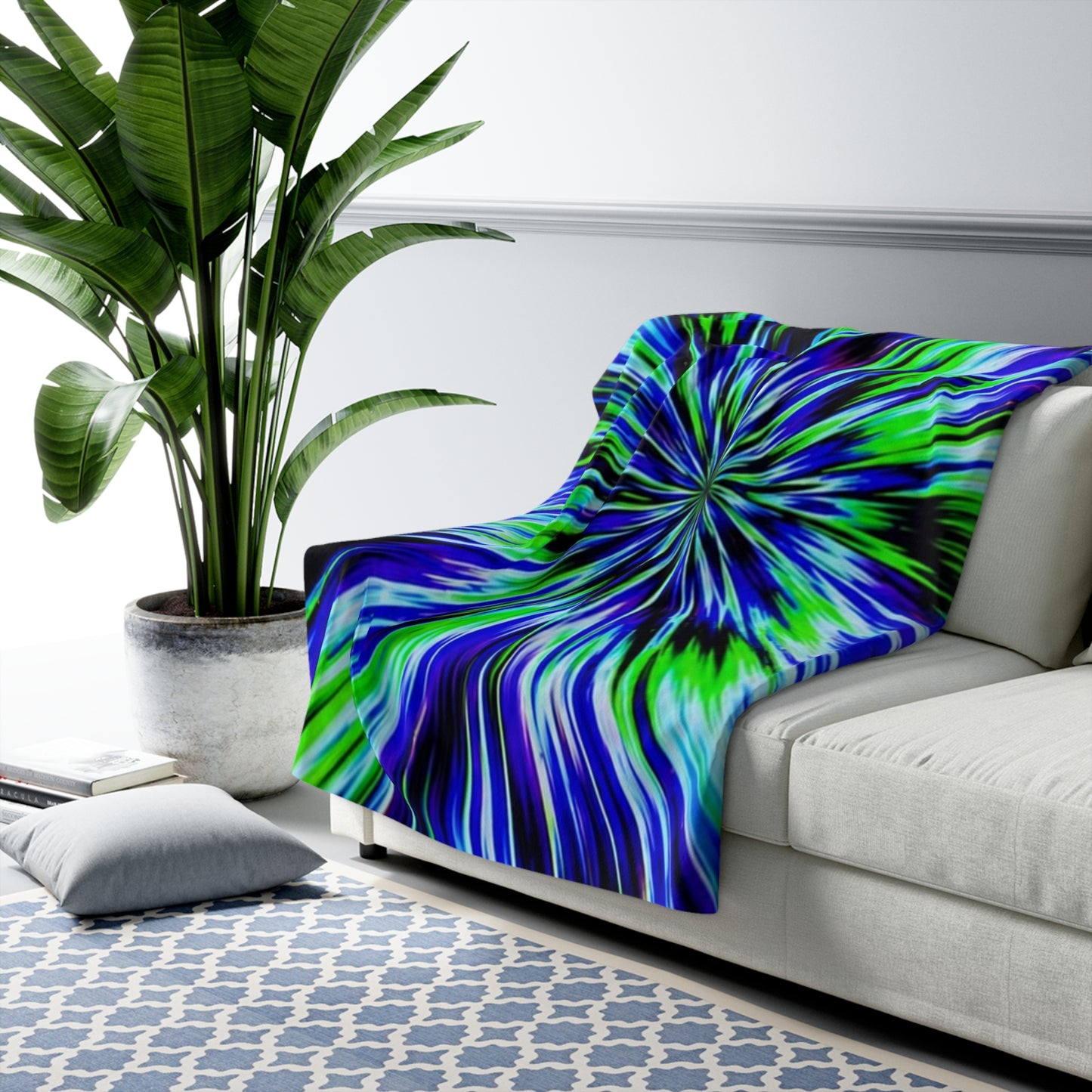 Cosmic Burst Sherpa Blanket — Blue & Green Tie-Dye Fleece Throw