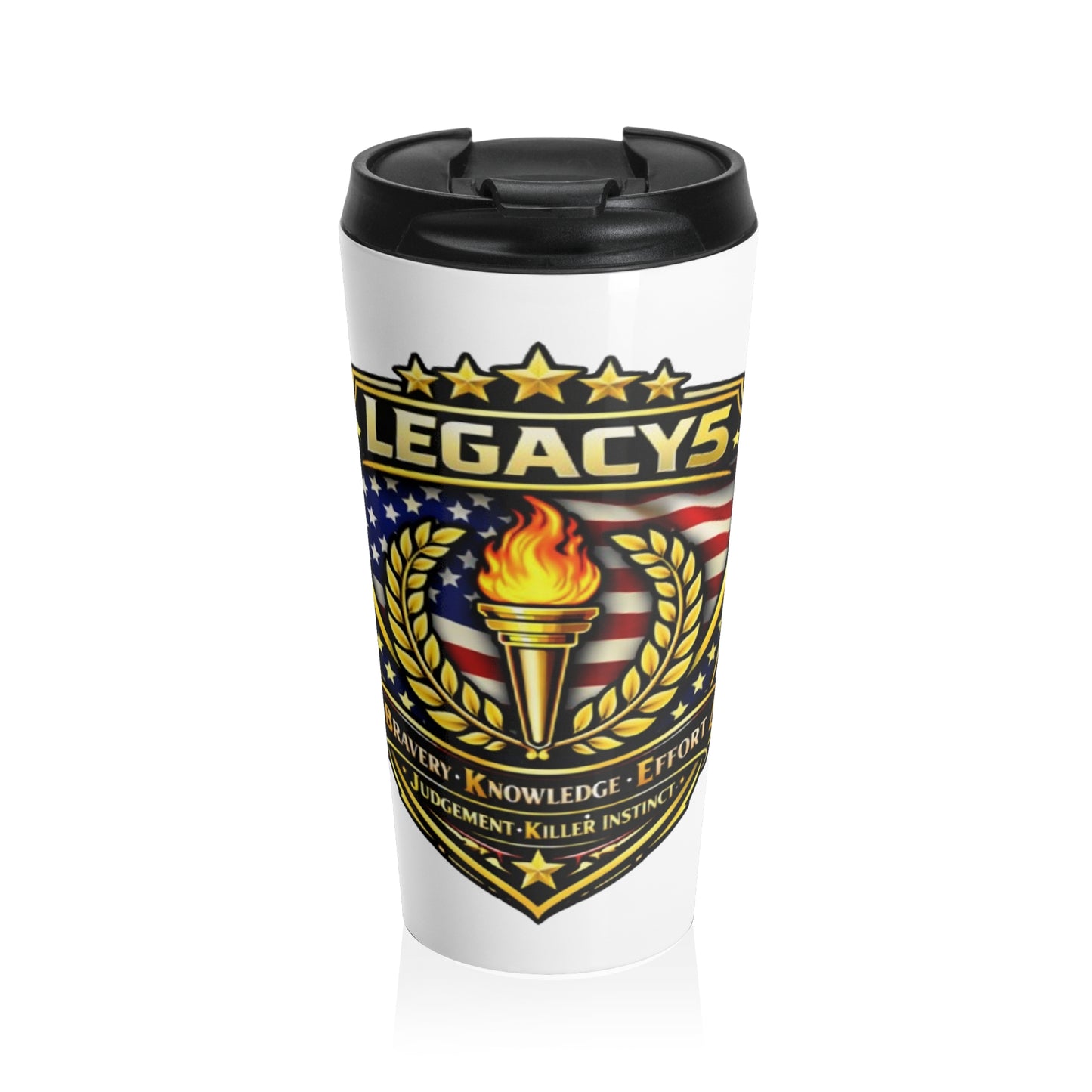 Legacy5 Torch Emblem Stainless Steel Travel Mug — Patriotic Flame & Laurel Design
