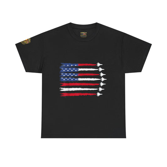 Patriotic Fighter Jet Flag Tee â€” American Flag with Jet Silhouettes w/Legacy 5 Brand Crest