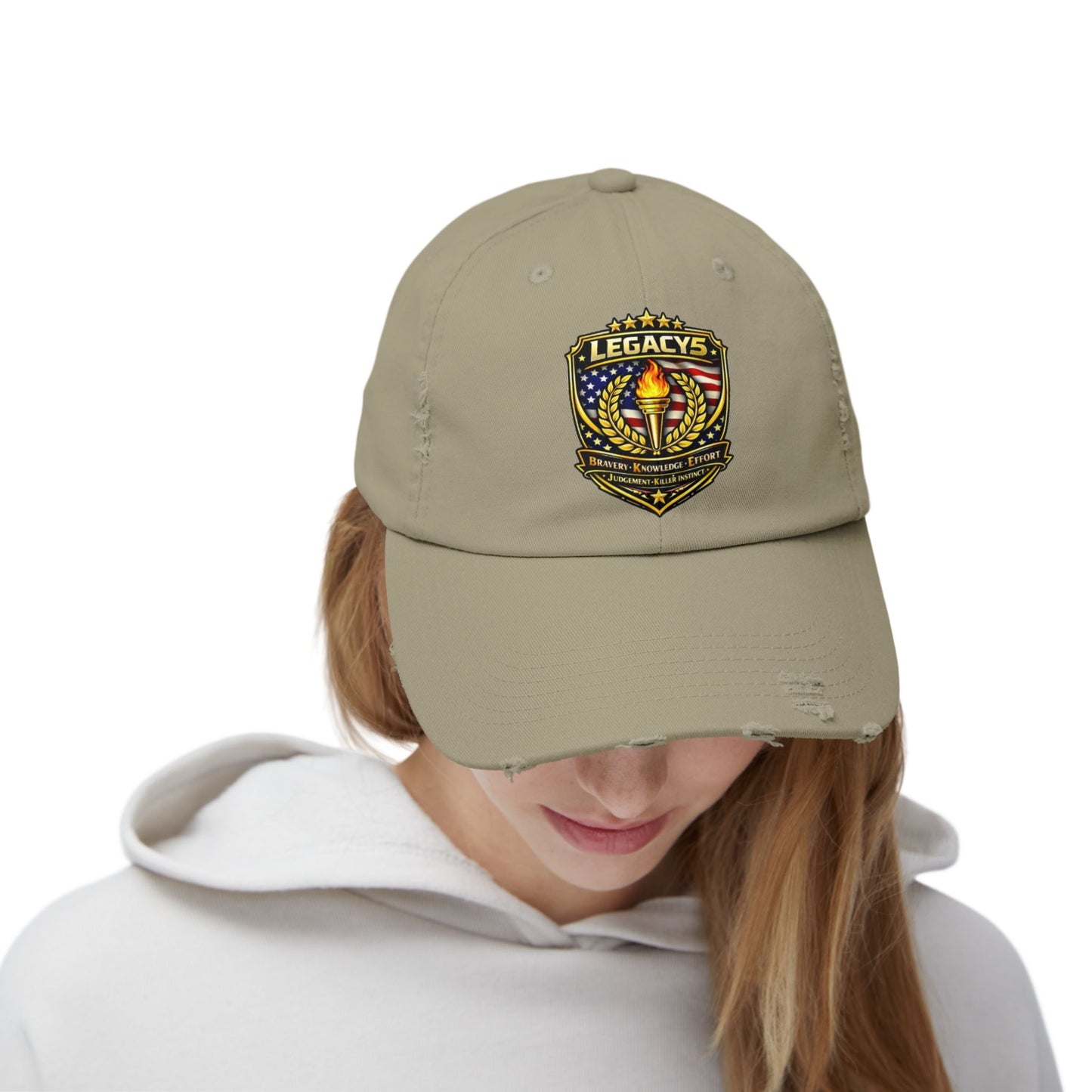 Legacy Shield Distressed Cap — Patriotic Torch Embroidered Hat