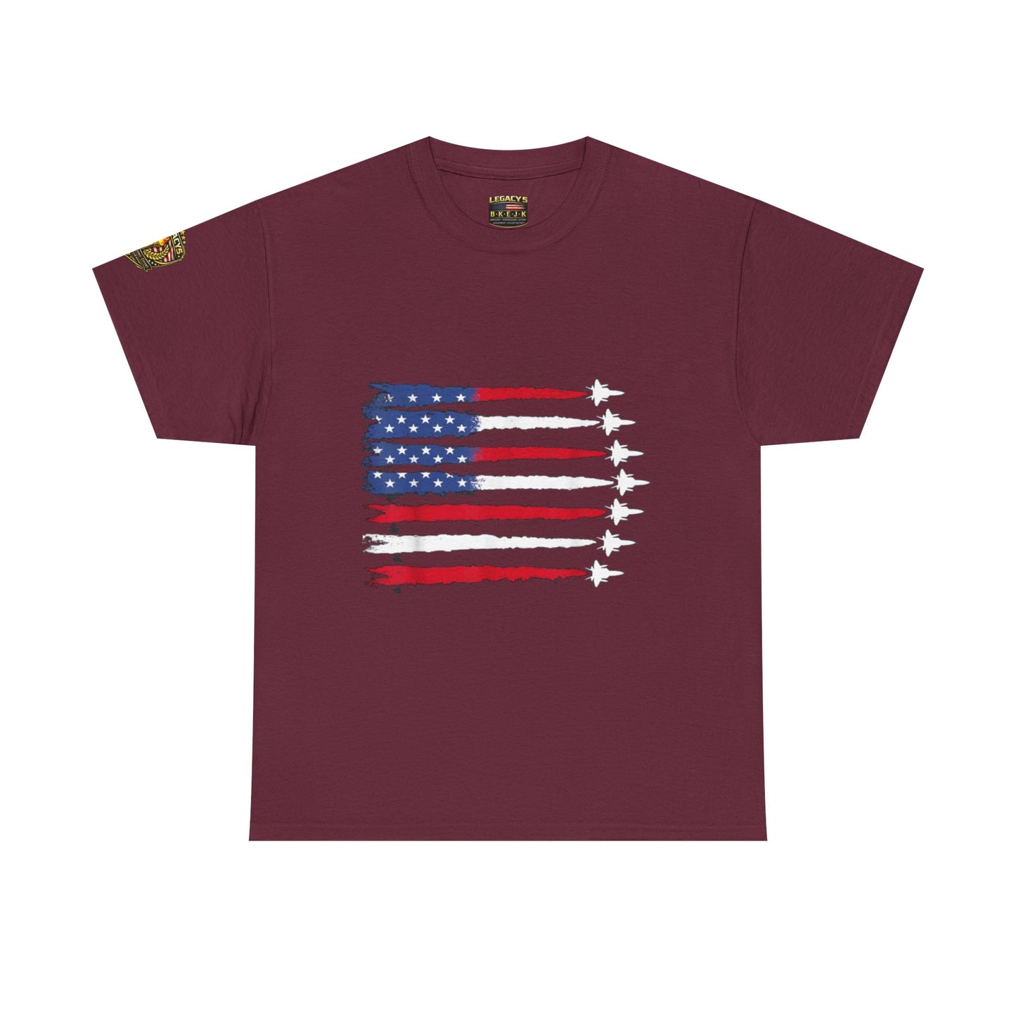Patriotic Fighter Jet Flag Tee â€” American Flag with Jet Silhouettes w/Legacy 5 Brand Crest