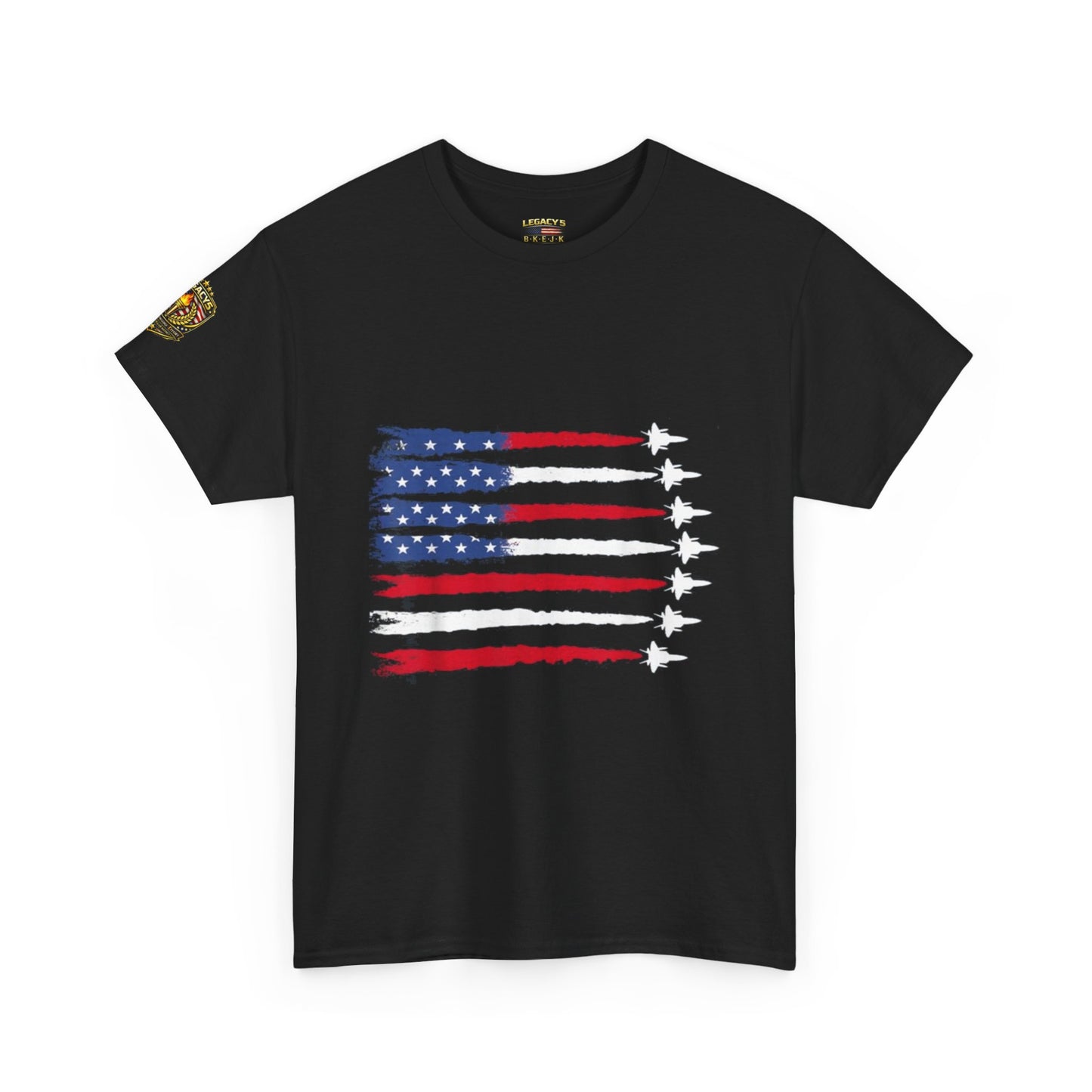 Patriotic Fighter Jet Flag Tee â€” American Flag with Jet Silhouettes w/Legacy 5 Brand Crest