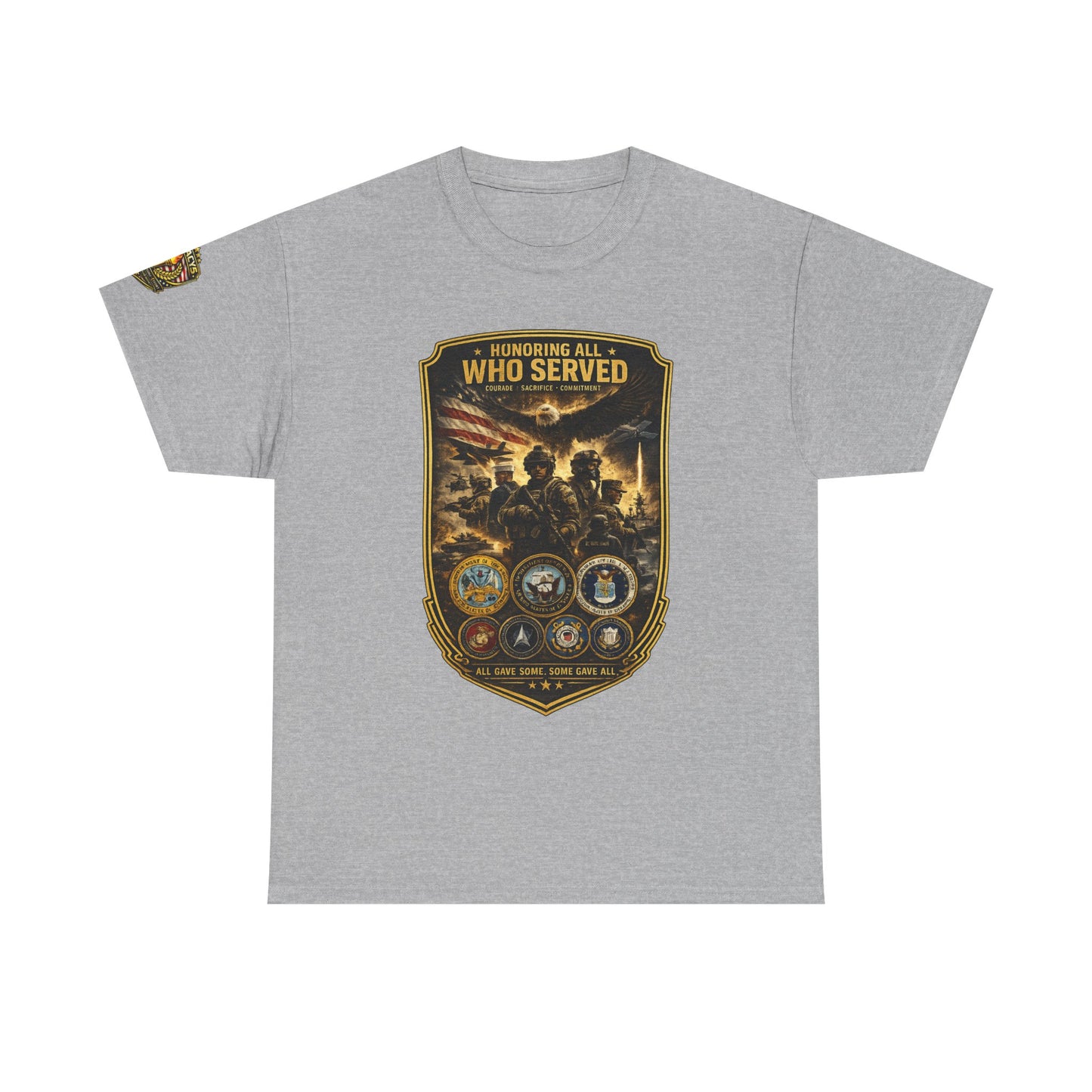Veteran Tribute â€” "Honoring All Who Served" Military Emblem Tee w/ Legacy 5 Brand Crest