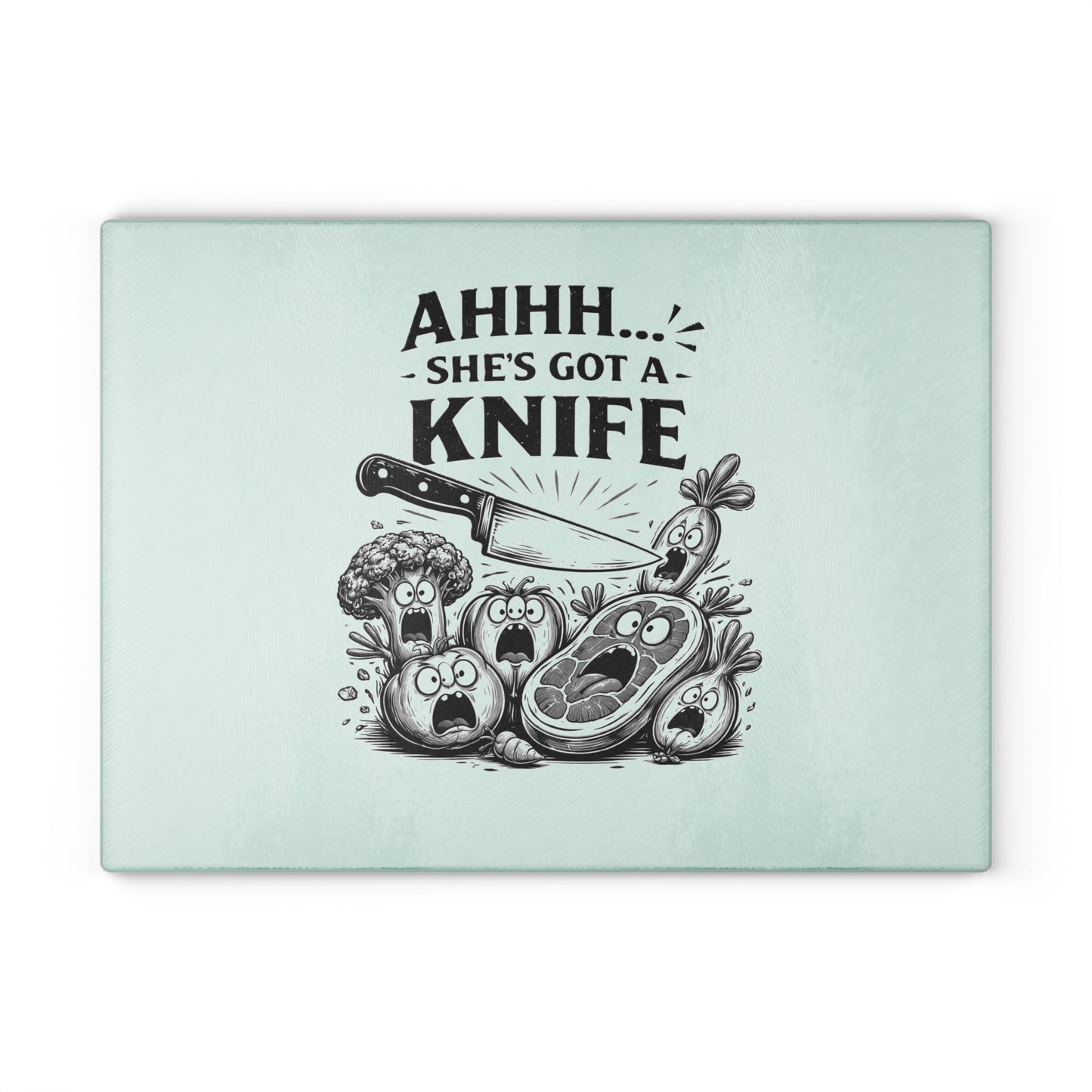 "Ahhh... She's Got a Knife" Funny Kitchen Glass Cutting Board —