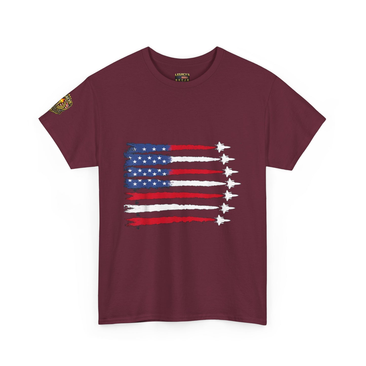 Patriotic Fighter Jet Flag Tee â€” American Flag with Jet Silhouettes w/Legacy 5 Brand Crest
