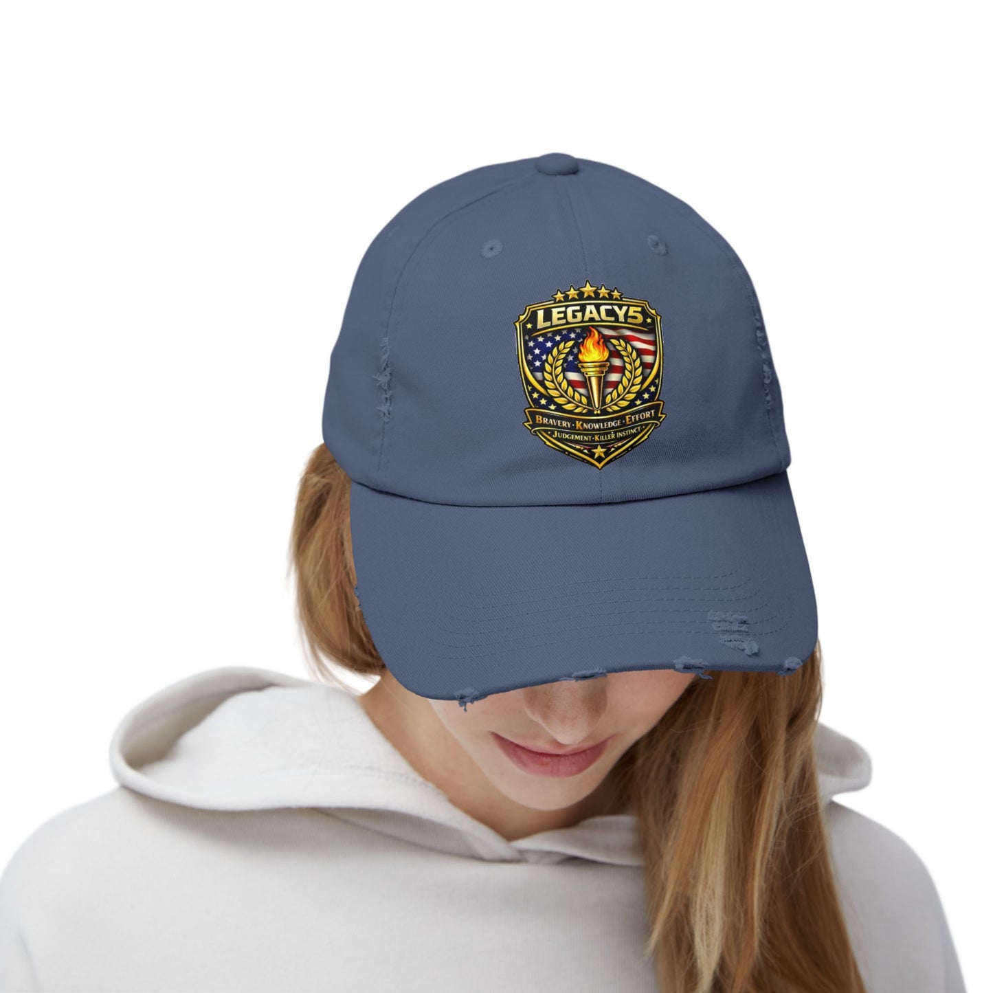 Legacy Shield Distressed Cap — Patriotic Torch Embroidered Hat