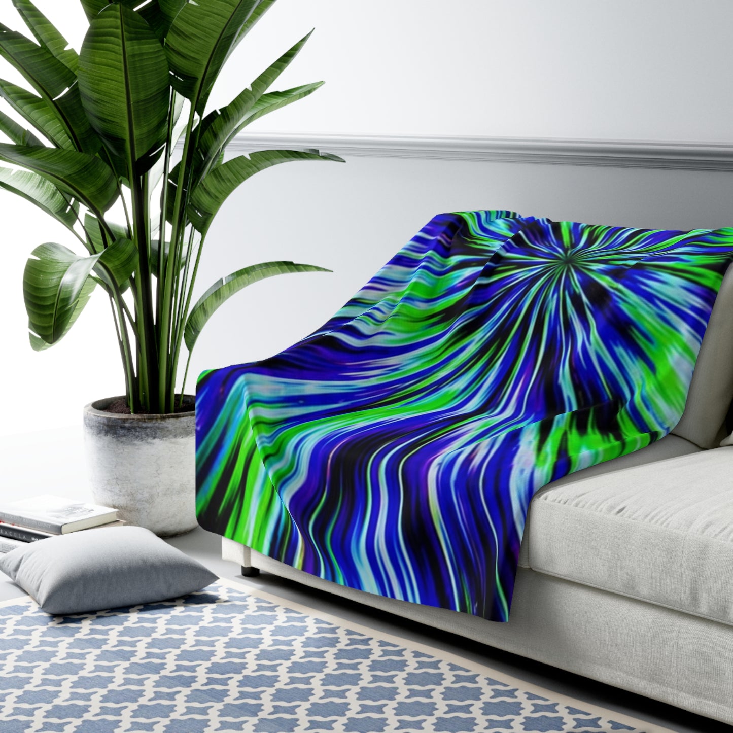 Cosmic Burst Sherpa Blanket — Blue & Green Tie-Dye Fleece Throw