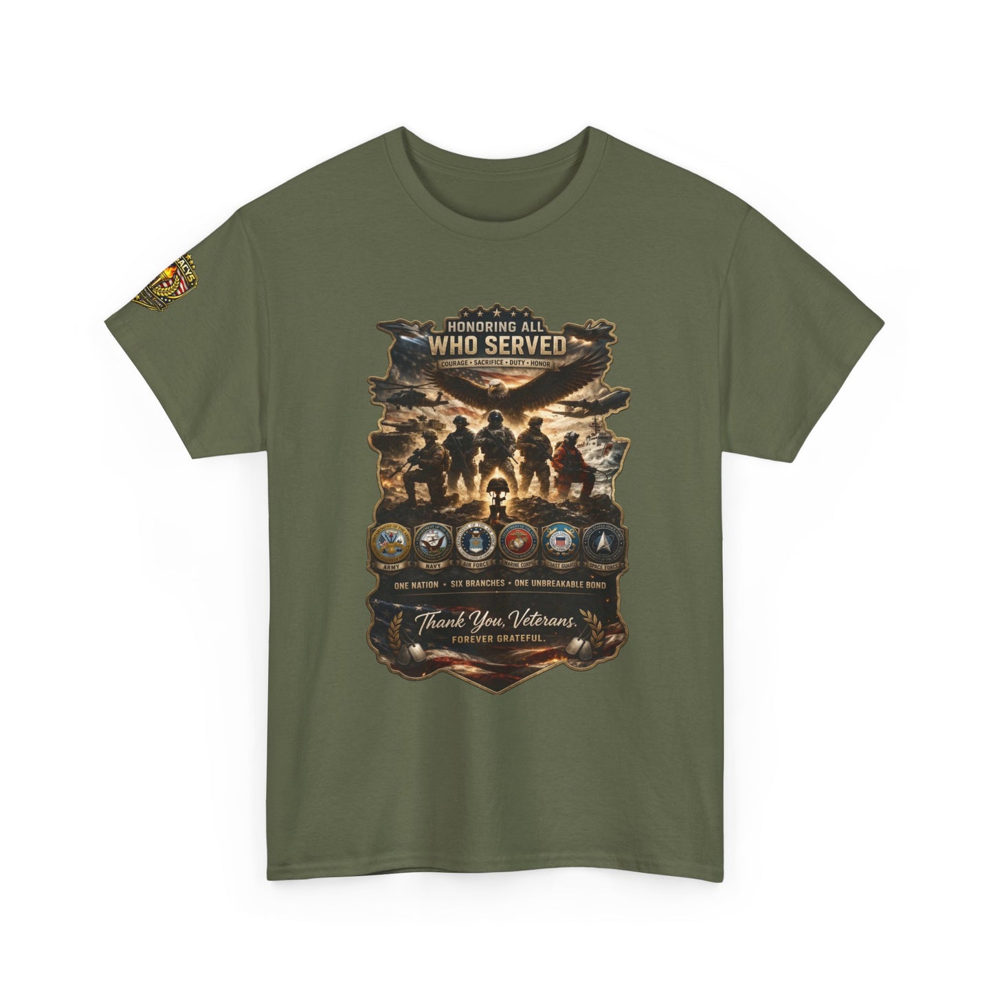 Thank You Veterans Tribute T-Shirt â€” "Who Served" Military Appreciation w/ Legacy 5 Brand Crest