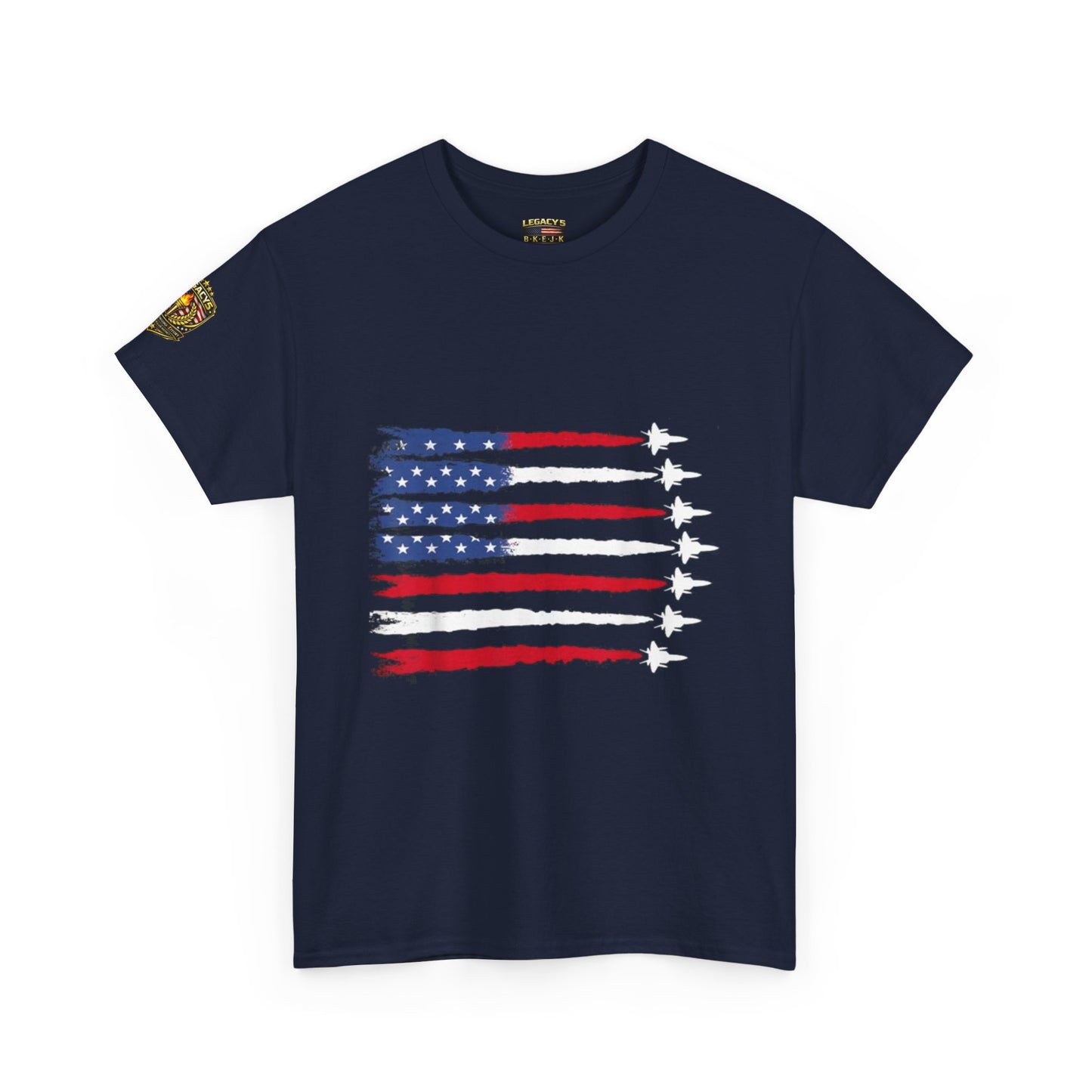 Patriotic Fighter Jet Flag Tee â€” American Flag with Jet Silhouettes w/Legacy 5 Brand Crest