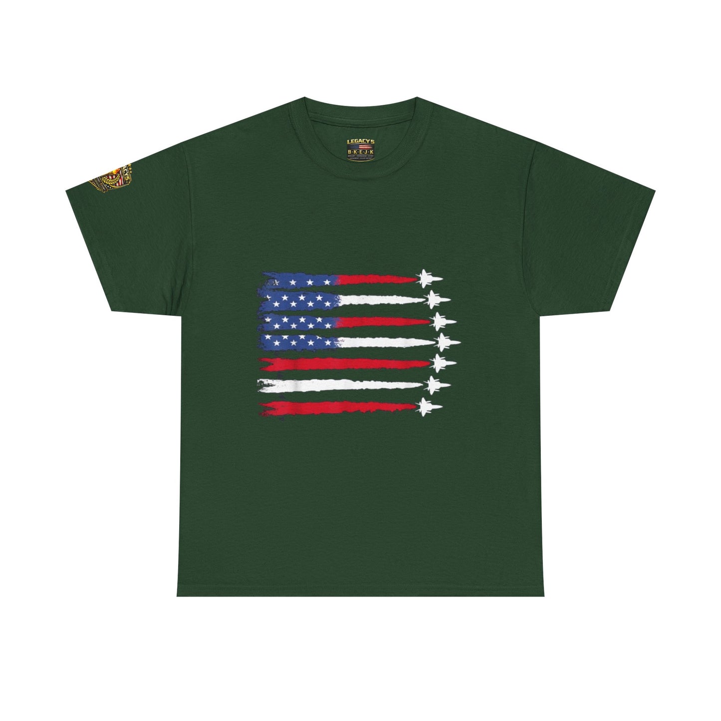 Patriotic Fighter Jet Flag Tee â€” American Flag with Jet Silhouettes w/Legacy 5 Brand Crest
