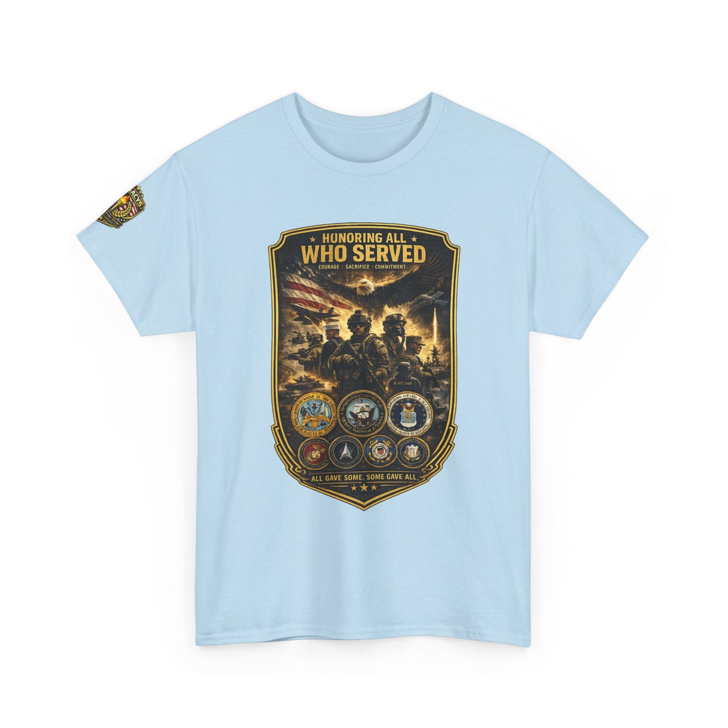 Veteran Tribute â€” "Honoring All Who Served" Military Emblem Tee w/ Legacy 5 Brand Crest