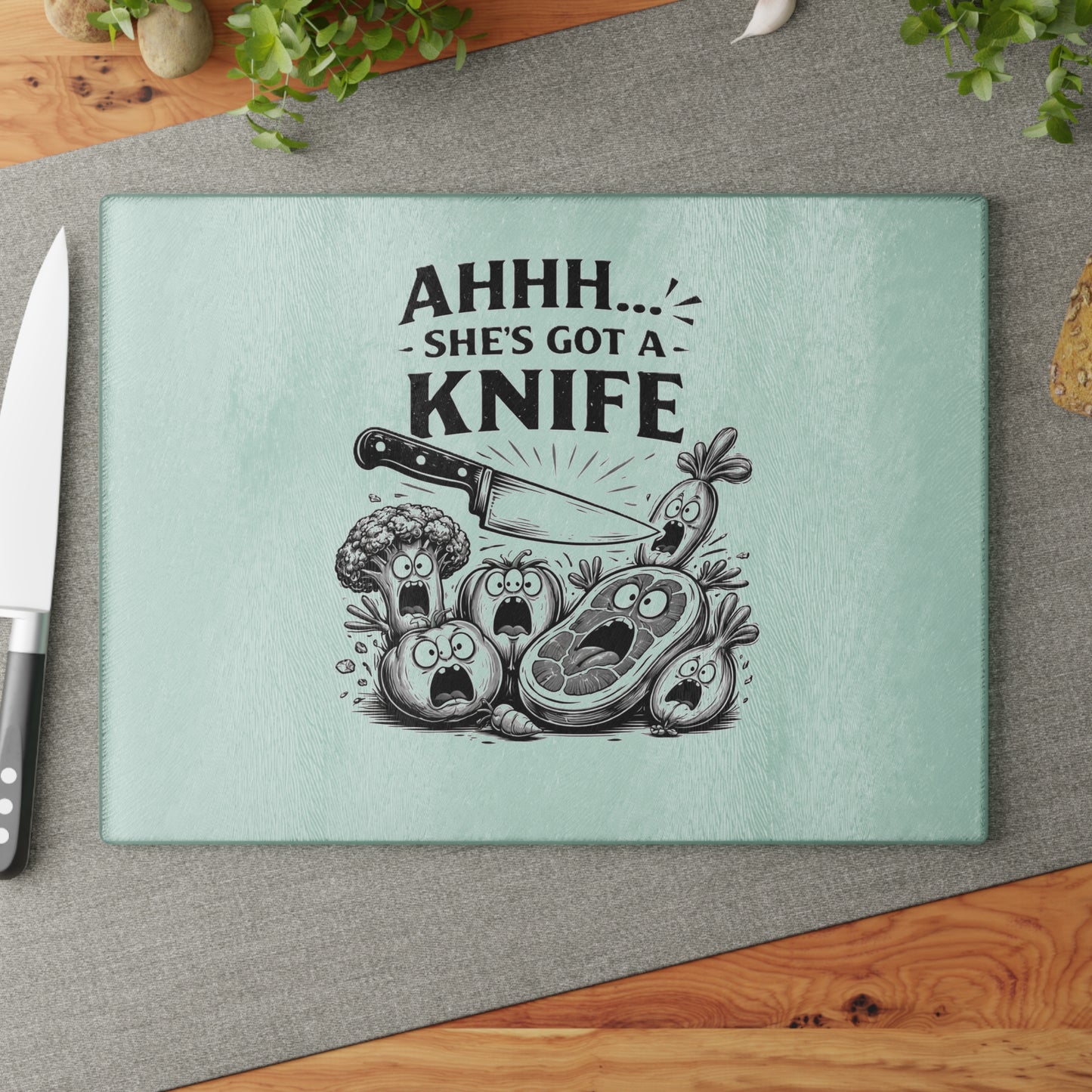 "Ahhh... She's Got a Knife" Funny Kitchen Glass Cutting Board —