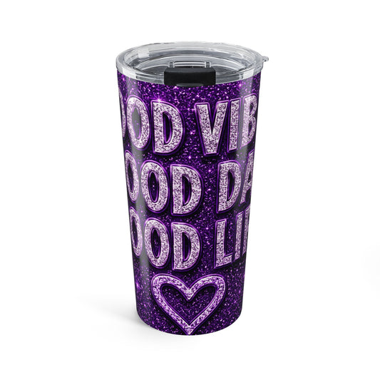 20oz Tumbler – 'Good Vibes, Good Day, Good Life' Purple Glitter Travel Cup