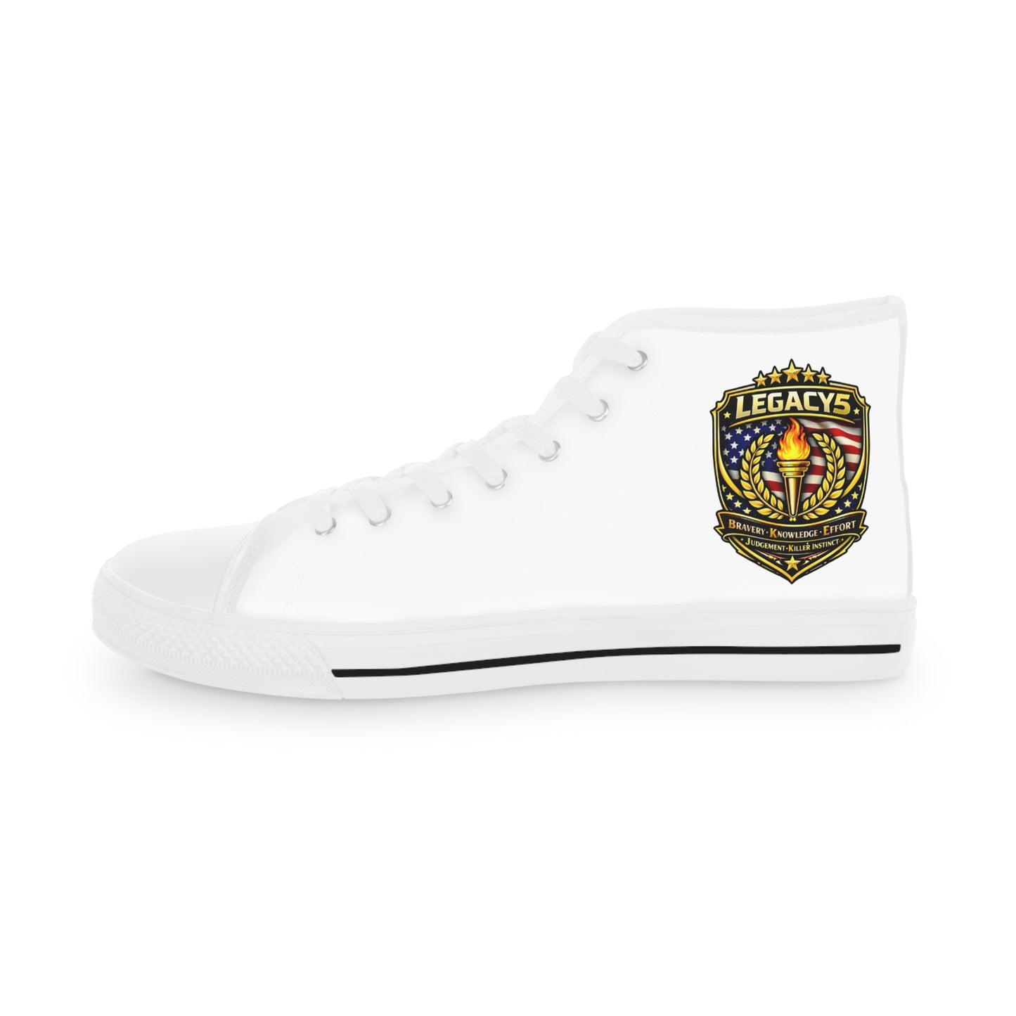 Legacy 5 Brand Crest High Top Sneakers â€” White Canvas Mens Shoes