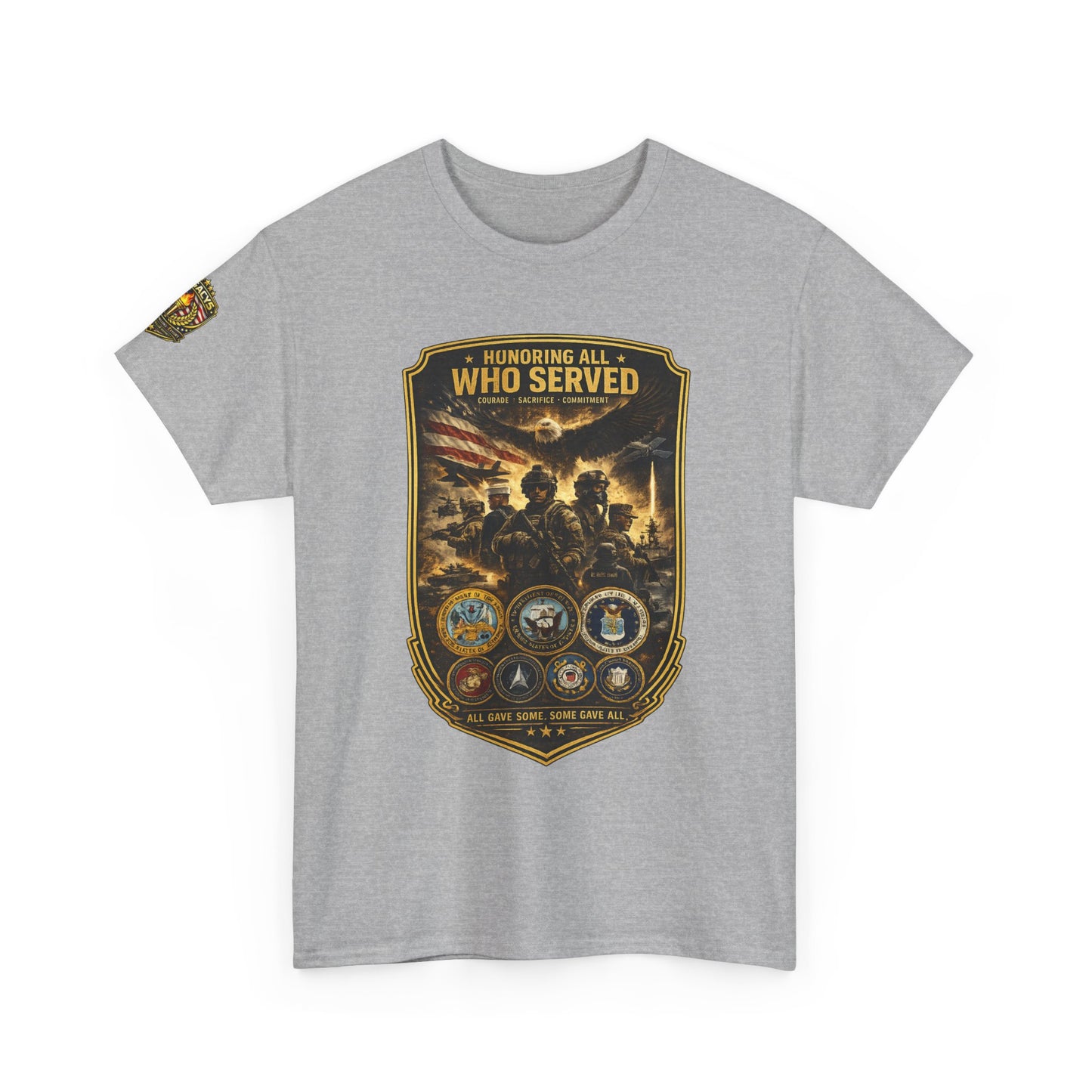 Veteran Tribute â€” "Honoring All Who Served" Military Emblem Tee w/ Legacy 5 Brand Crest