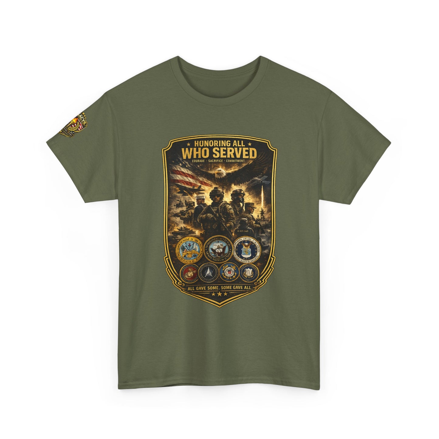 Veteran Tribute â€” "Honoring All Who Served" Military Emblem Tee w/ Legacy 5 Brand Crest