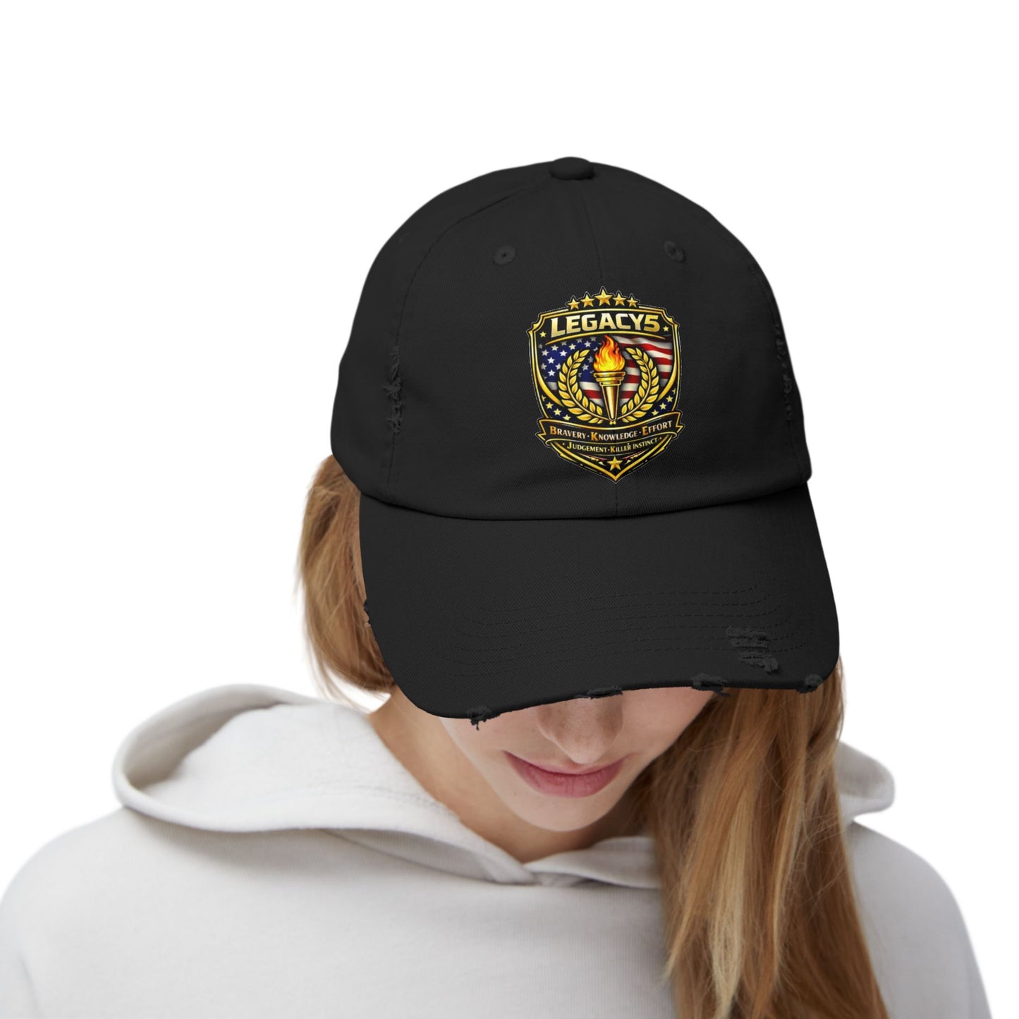 Legacy Shield Distressed Cap — Patriotic Torch Embroidered Hat