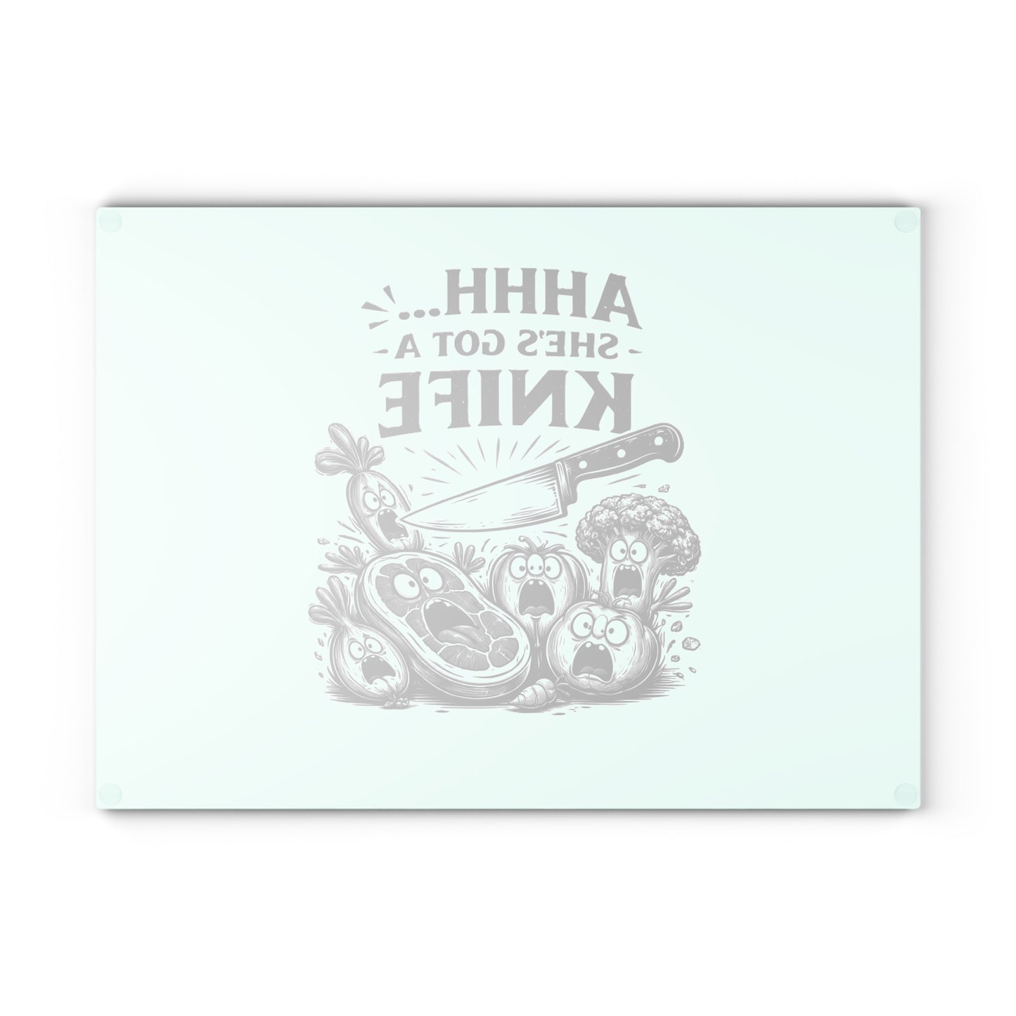 "Ahhh... She's Got a Knife" Funny Kitchen Glass Cutting Board —