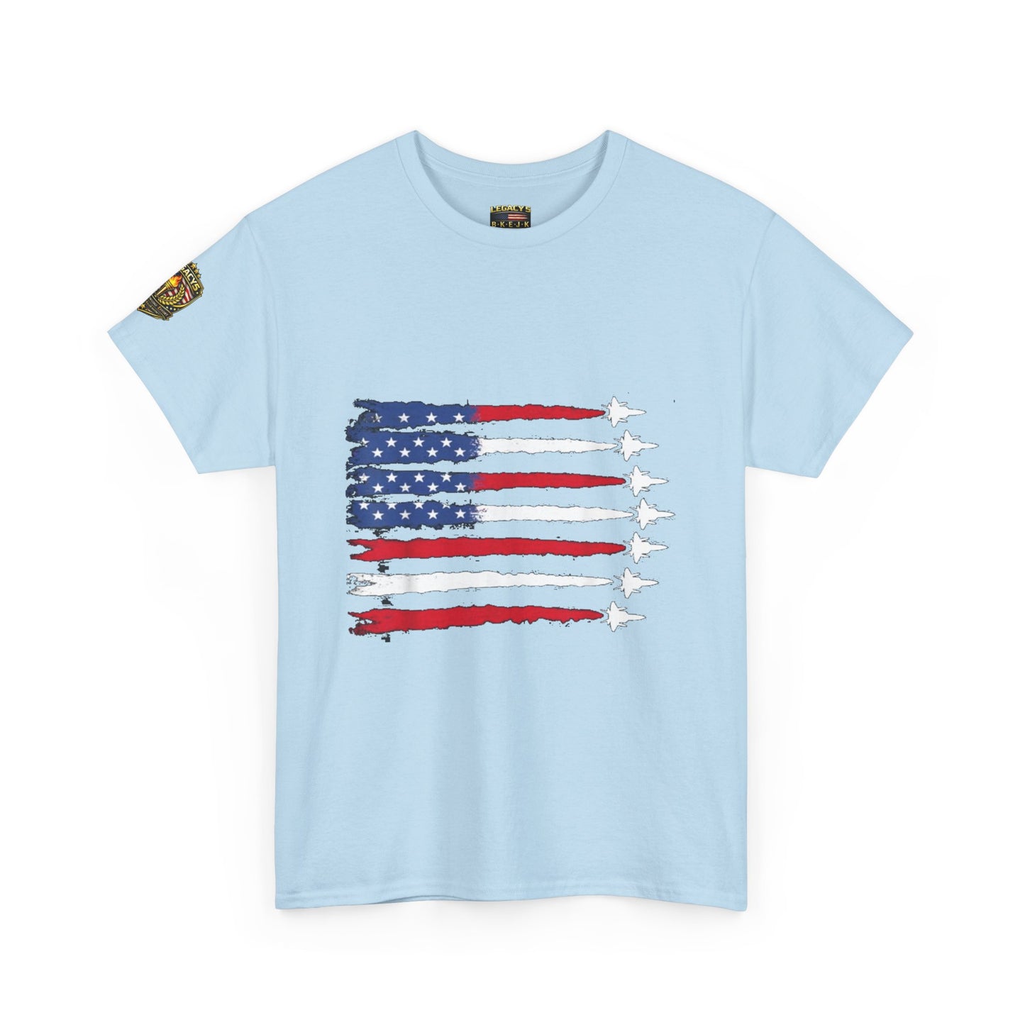 Patriotic Fighter Jet Flag Tee â€” American Flag with Jet Silhouettes w/Legacy 5 Brand Crest
