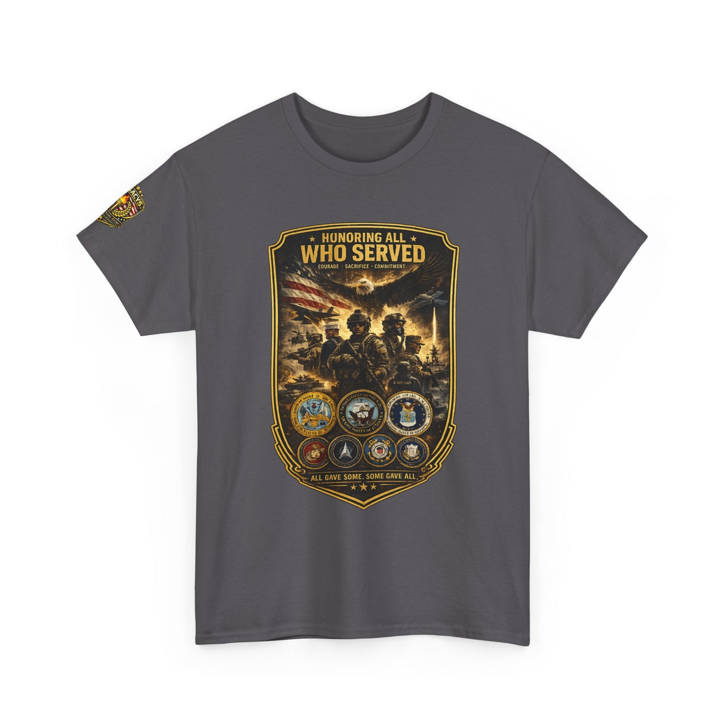 Veteran Tribute â€” "Honoring All Who Served" Military Emblem Tee w/ Legacy 5 Brand Crest