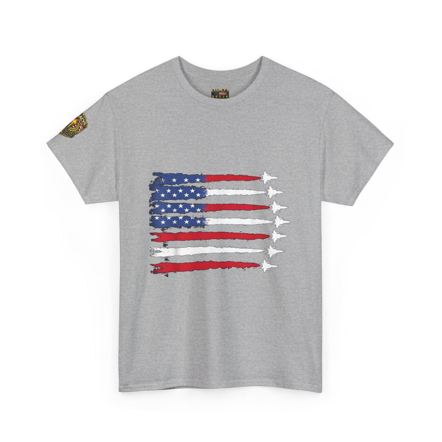 Patriotic Fighter Jet Flag Tee â€” American Flag with Jet Silhouettes w/Legacy 5 Brand Crest