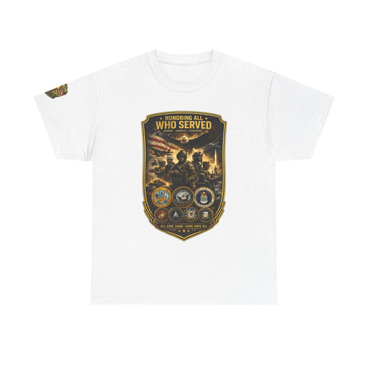 Veteran Tribute â€” "Honoring All Who Served" Military Emblem Tee w/ Legacy 5 Brand Crest