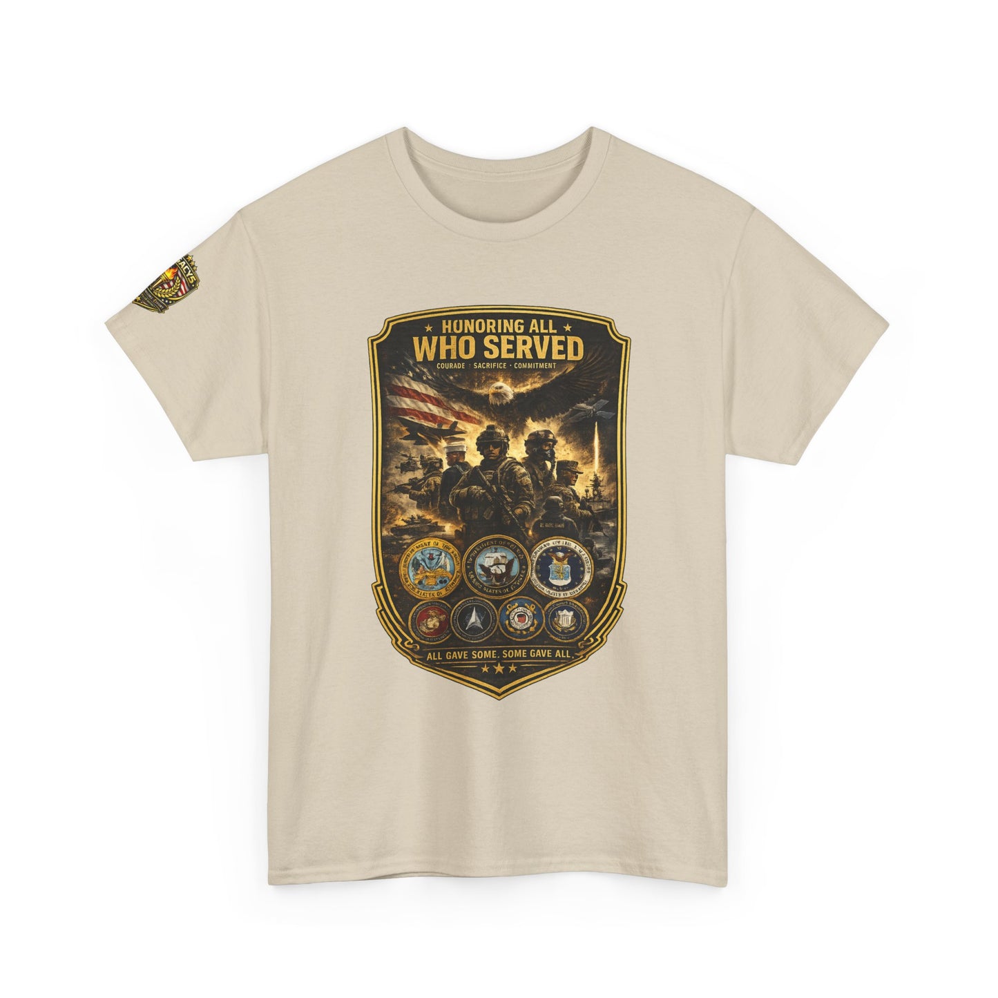 Veteran Tribute â€” "Honoring All Who Served" Military Emblem Tee w/ Legacy 5 Brand Crest