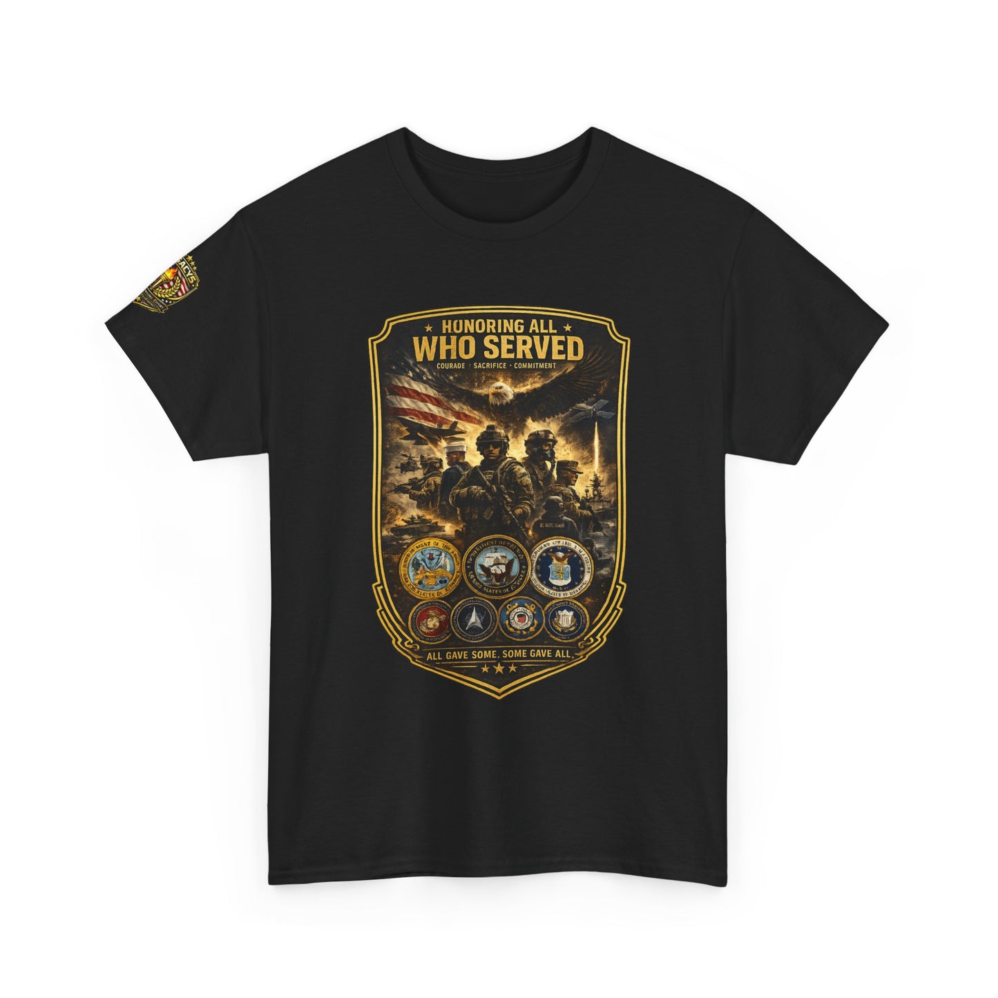 Veteran Tribute â€” "Honoring All Who Served" Military Emblem Tee w/ Legacy 5 Brand Crest