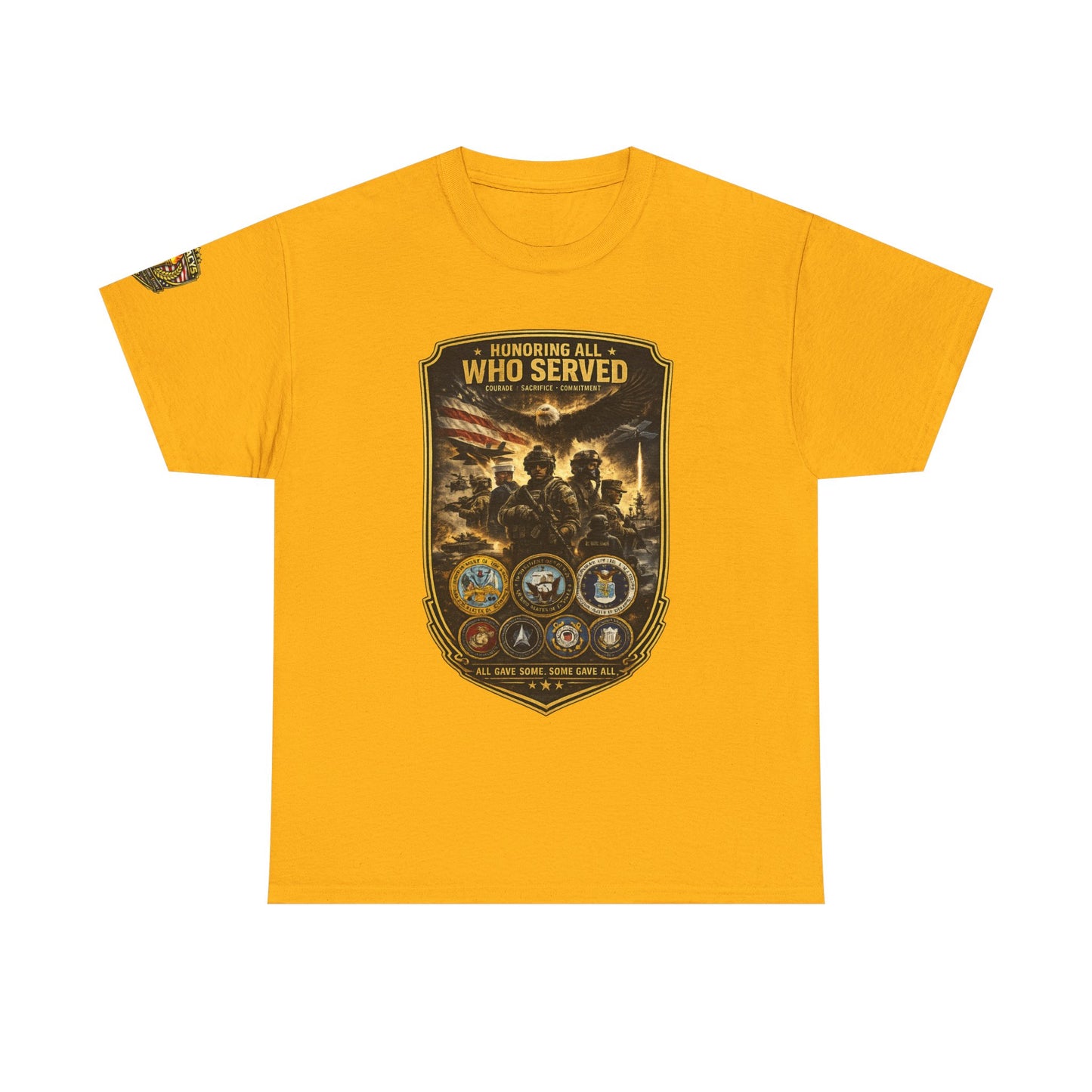 Veteran Tribute â€” "Honoring All Who Served" Military Emblem Tee w/ Legacy 5 Brand Crest