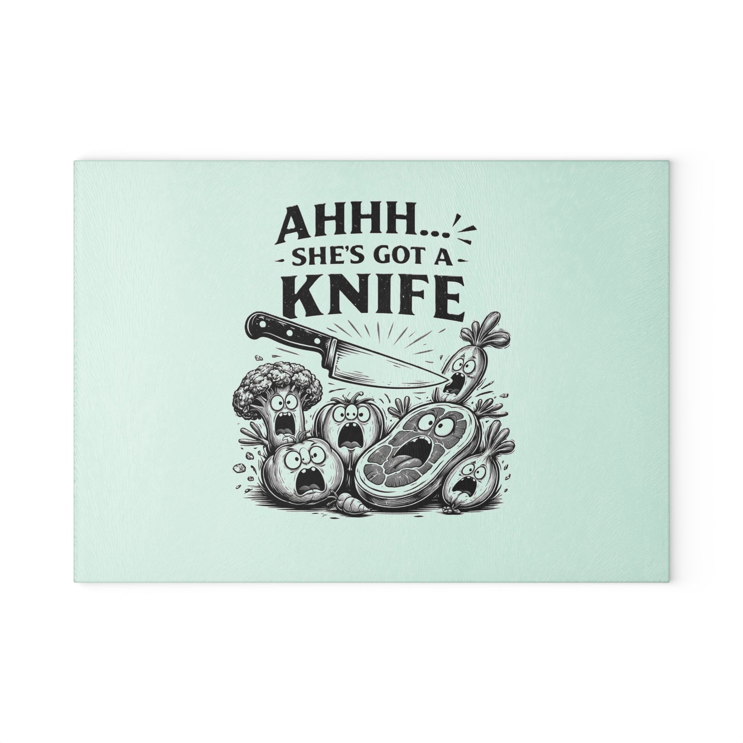 "Ahhh... She's Got a Knife" Funny Kitchen Glass Cutting Board —