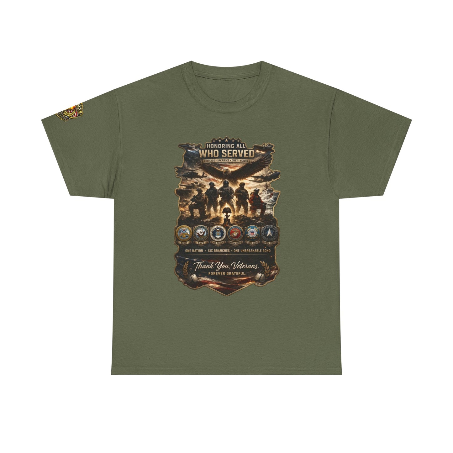 Thank You Veterans Tribute T-Shirt â€” "Who Served" Military Appreciation w/ Legacy 5 Brand Crest
